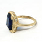 Simulated Sapphire Ring - Retro 10k Yellow Gold Rectangular Faceted Blue Glass Stone - Circa 1940s Era Size 5 3/4 Fine New Old Stock Jewelry