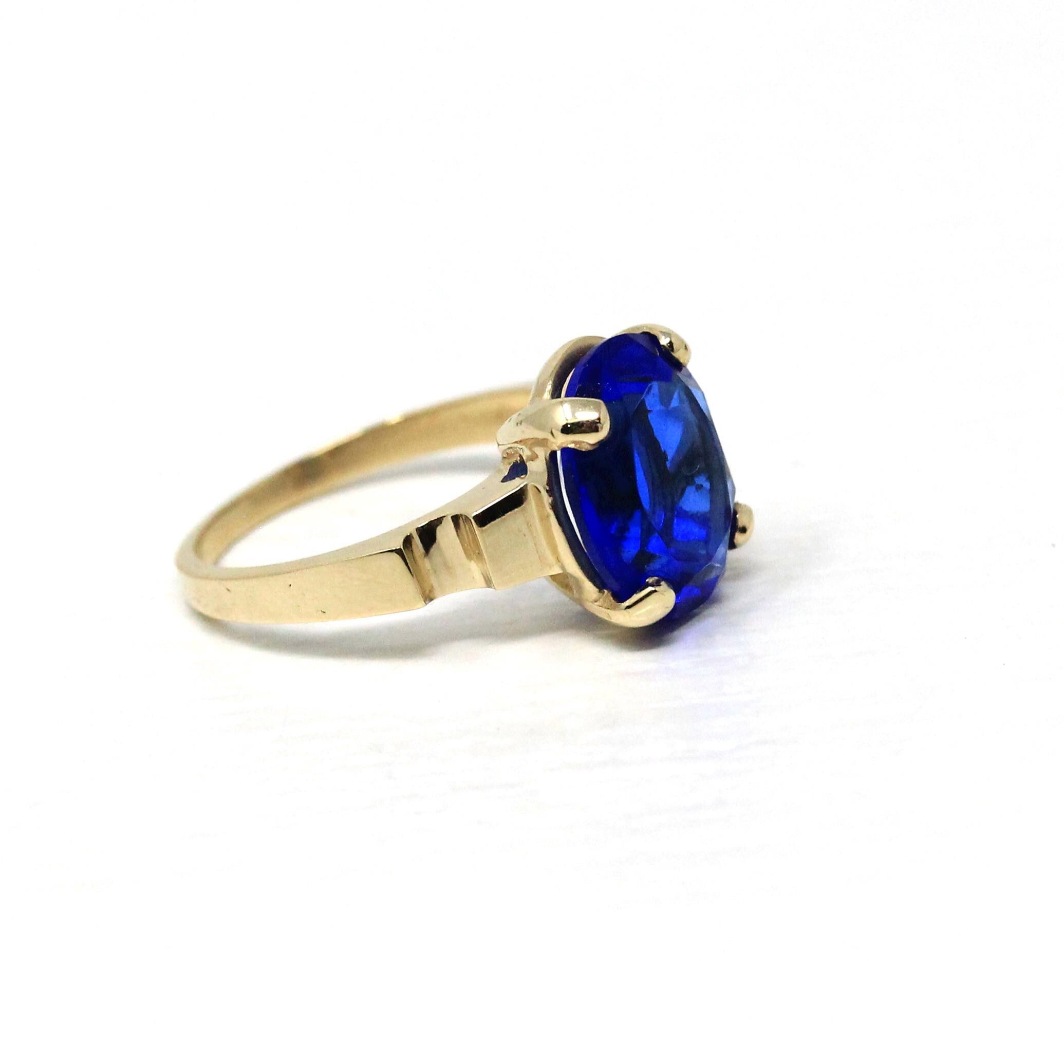 Retro Statement Ring - Vintage Era 10k Yellow Gold Oval Cut Simulated Sapphire Statement - Circa 1940s Size 6 Solitaire Glass Fine Jewelry