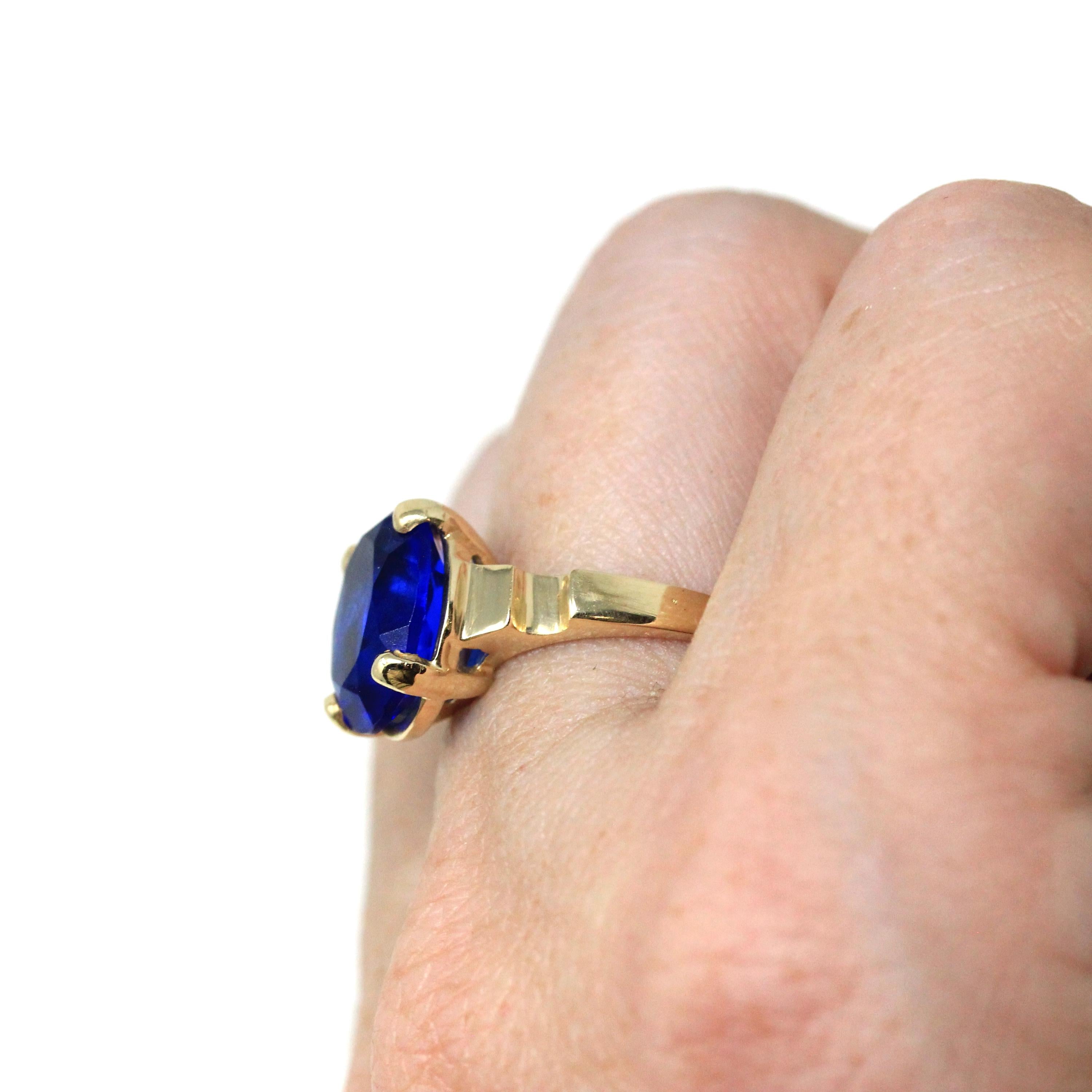 Retro Statement Ring - Vintage Era 10k Yellow Gold Oval Cut Simulated Sapphire Statement - Circa 1940s Size 6 Solitaire Glass Fine Jewelry