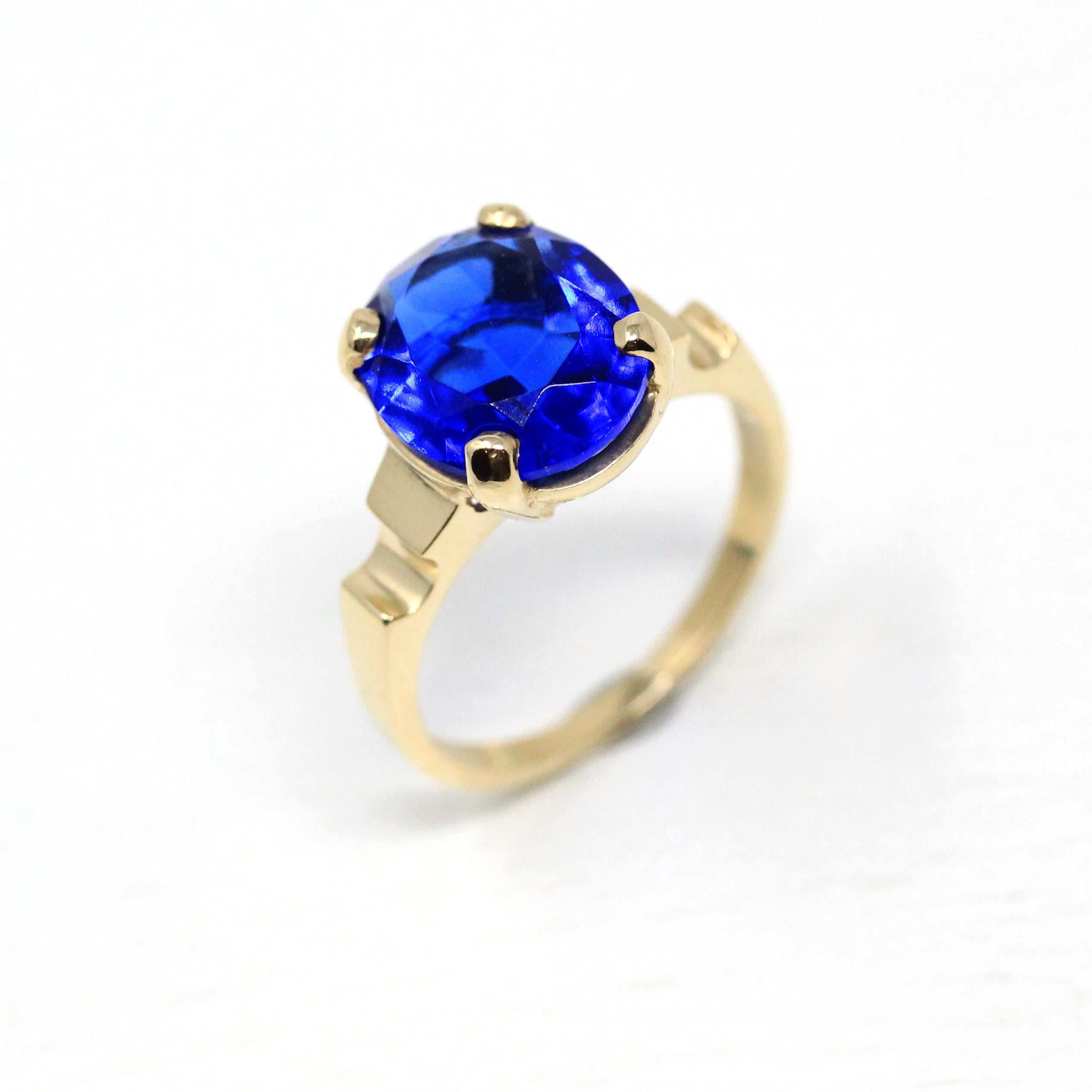 Retro Statement Ring - Vintage Era 10k Yellow Gold Oval Cut Simulated Sapphire Statement - Circa 1940s Size 6 Solitaire Glass Fine Jewelry