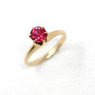 Created Ruby Ring - Retro 14k Yellow Gold Round Faceted Reddish Pink Stone - Vintage Circa 1960s Era Size 5 1/2 July Birthstone Fine Jewelry