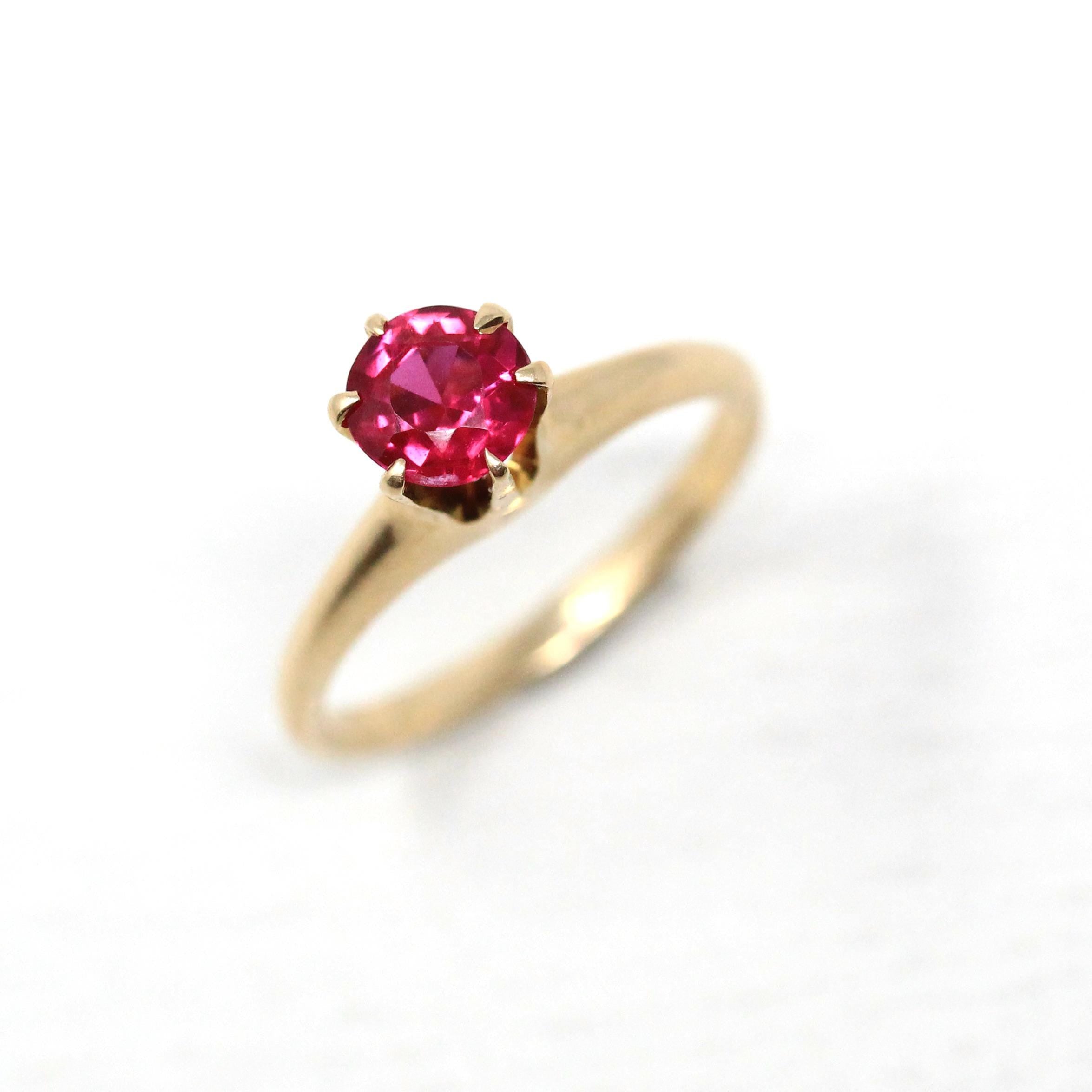 Created Ruby Ring - Retro 14k Yellow Gold Round Faceted Reddish Pink Stone - Vintage Circa 1960s Era Size 5 1/2 July Birthstone Fine Jewelry