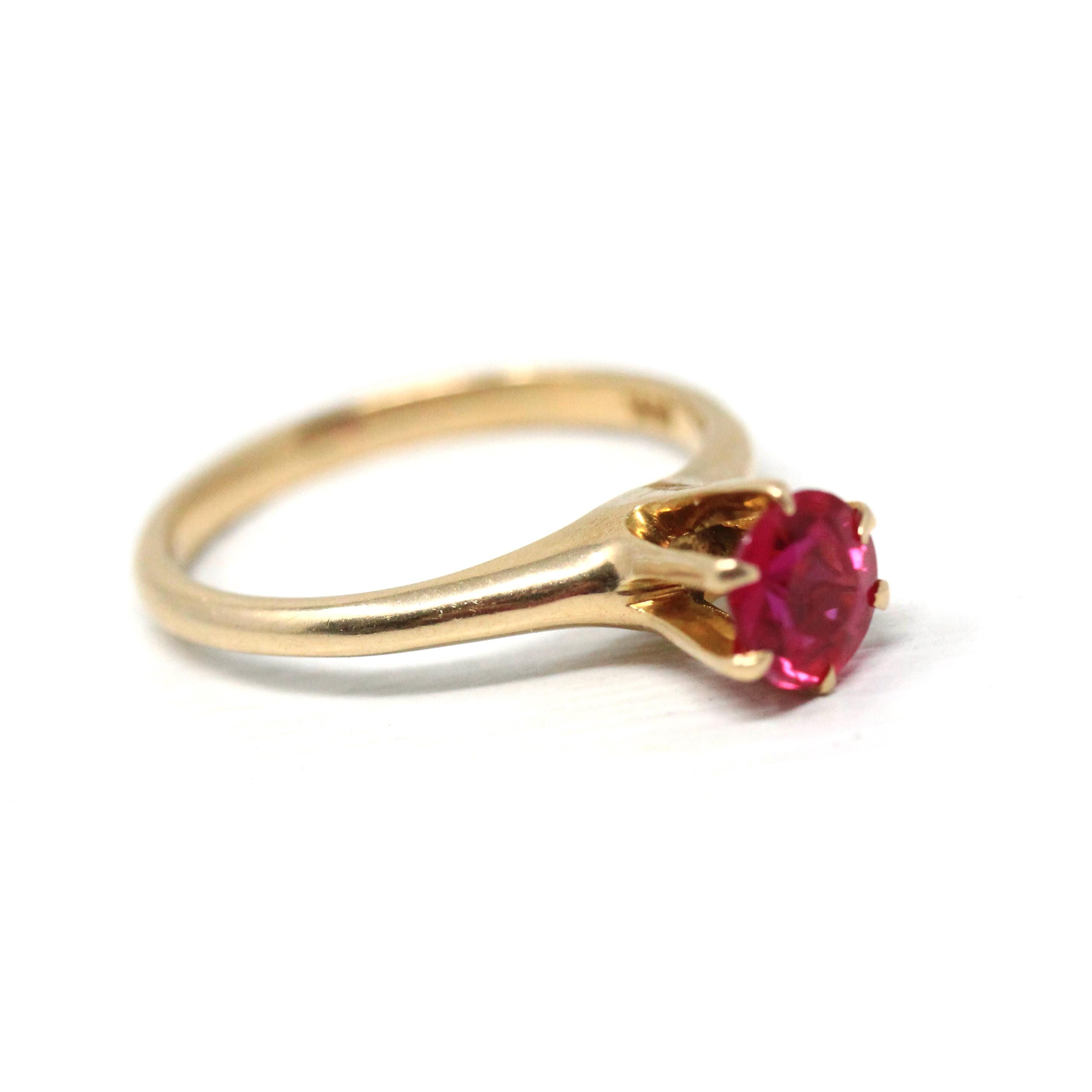 Created Ruby Ring - Retro 14k Yellow Gold Round Faceted Reddish Pink Stone - Vintage Circa 1960s Era Size 5 1/2 July Birthstone Fine Jewelry
