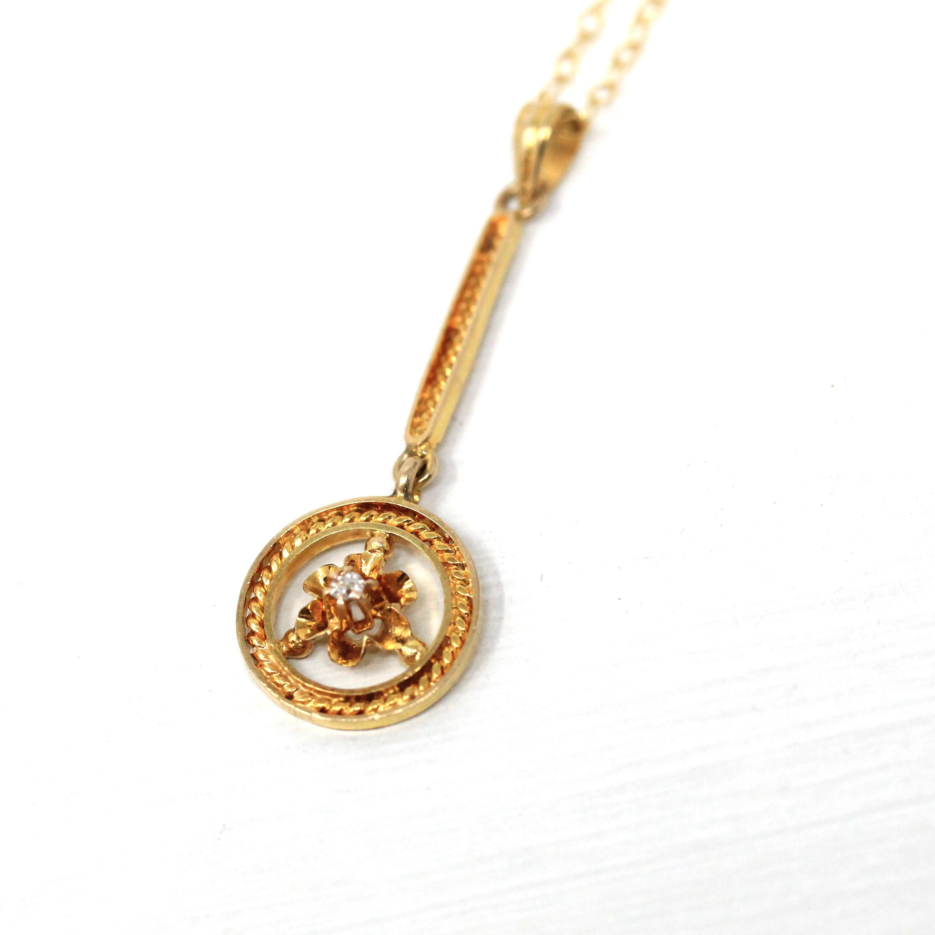 Antique Lavalier Necklace - Edwardian 10k Yellow Gold Genuine Diamond Gemstone Pendant Circa 1910s Rope Style Dainty Buttercup Fine Jewelry