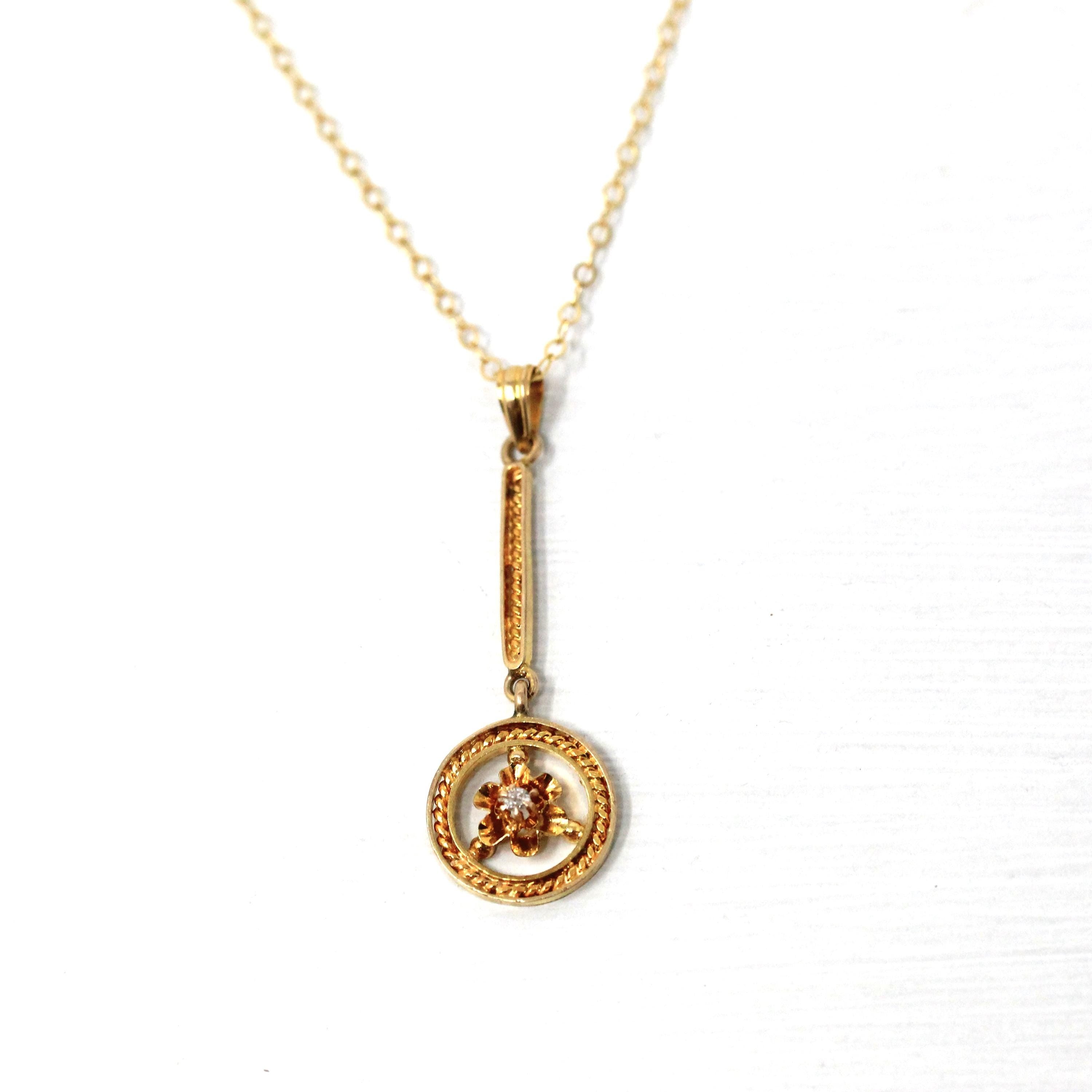 Antique Lavalier Necklace - Edwardian 10k Yellow Gold Genuine Diamond Gemstone Pendant Circa 1910s Rope Style Dainty Buttercup Fine Jewelry