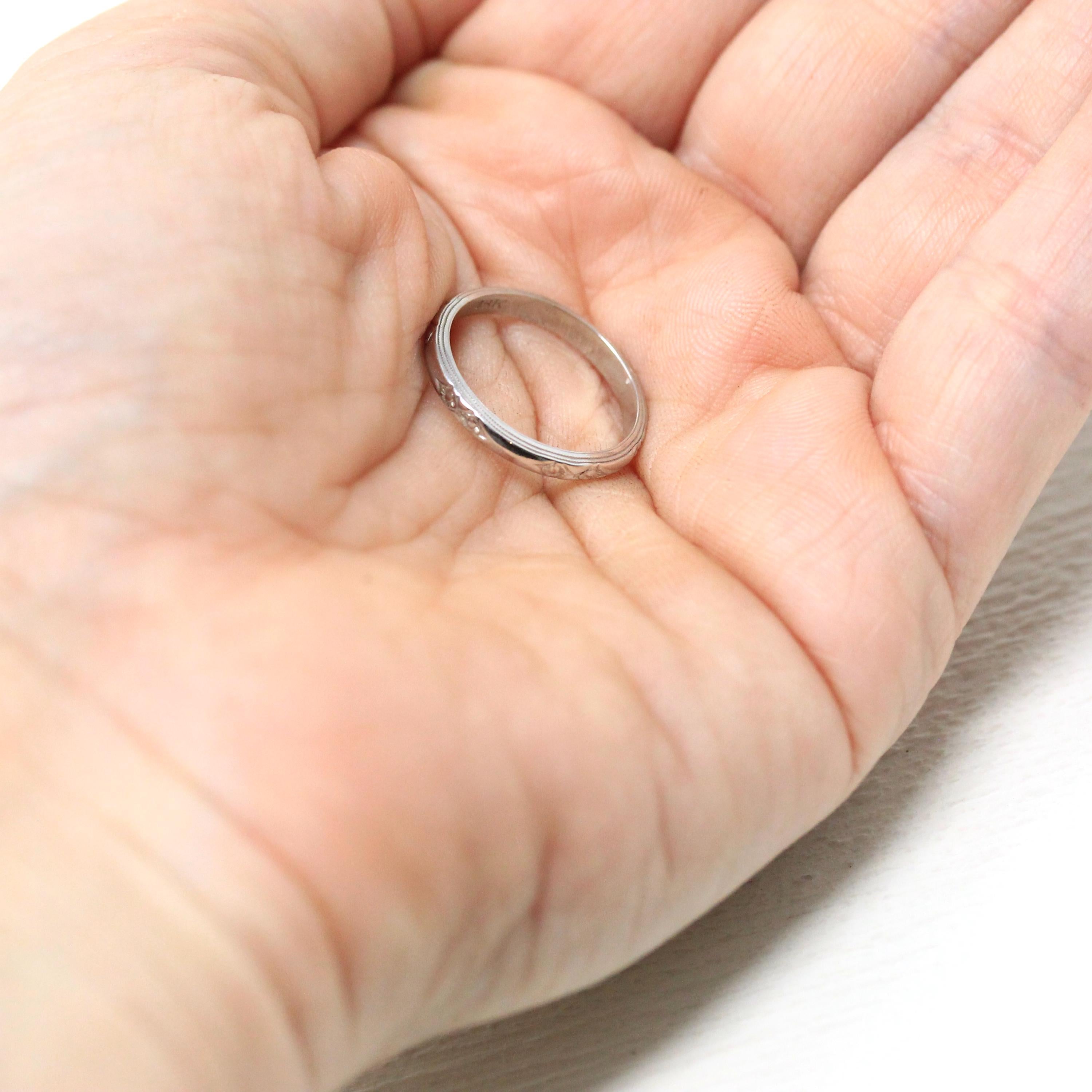 Art Deco Wedding Band - Vintage 18k White Gold Orange Blossom Eternity Ring - Circa 1930s Era Size 5 Bridal Stacking Fine 30s Flower Jewelry