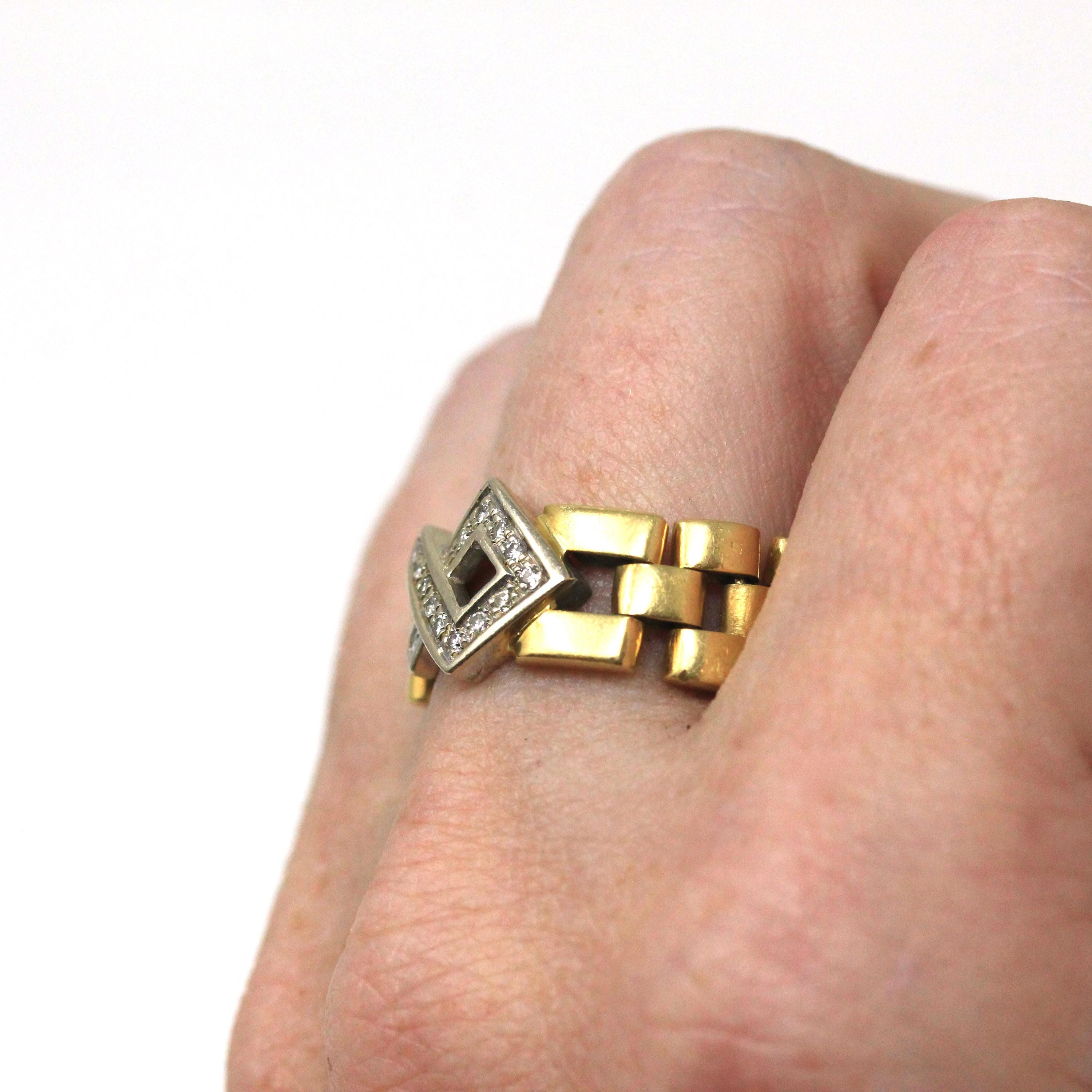 Vintage Watch Link Ring - Modern Estate 18k Yellow White Gold Open Brick Chain Design - Circa 2000s Size 7 1/2 Fine Diamond Accent Jewelry