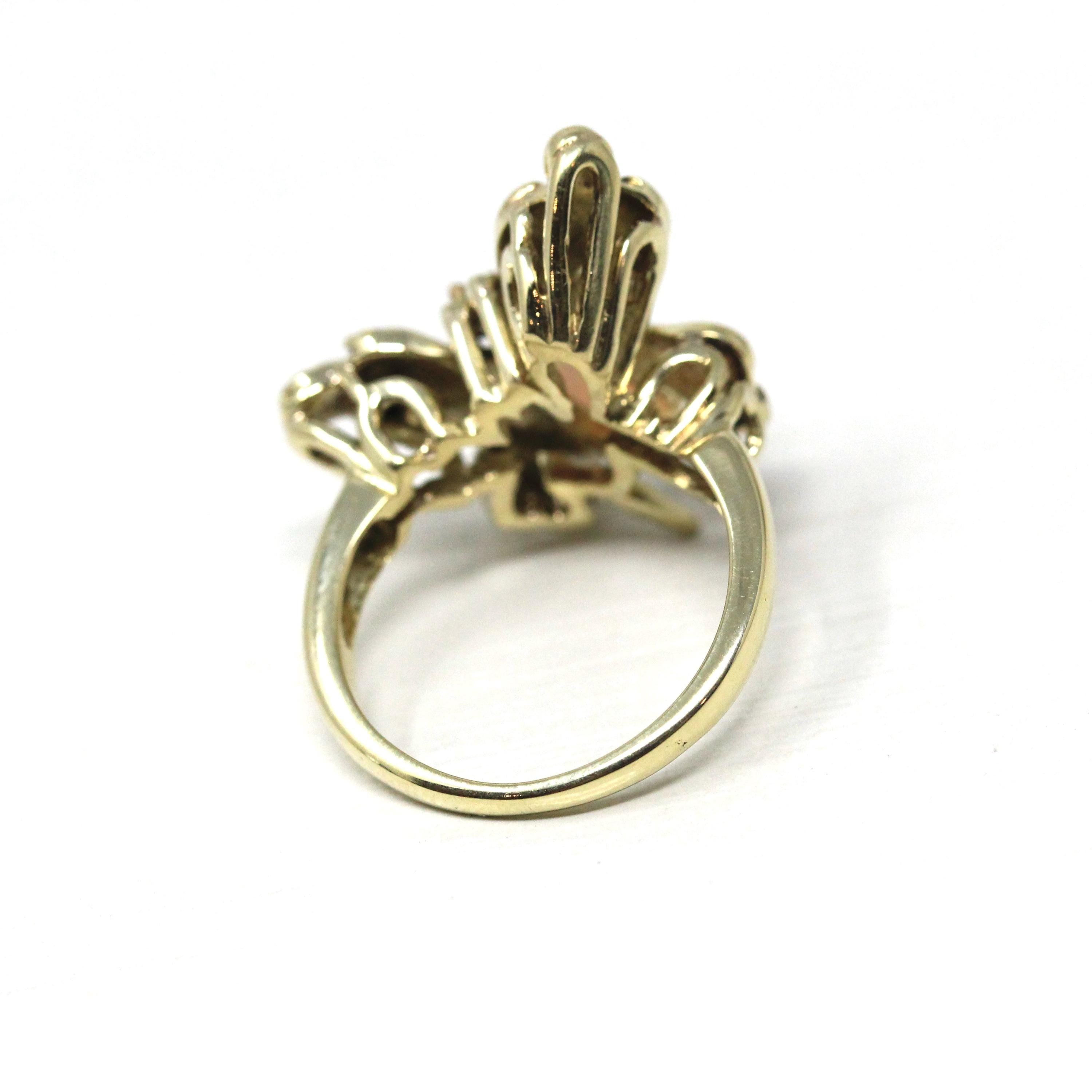 Vintage Butterfly Ring - Retro Era 14k Yellow Gold Genuine Opal & Diamonds - Circa 1970s Era Size 5.25 Statement Figural Enamel Fine Jewelry