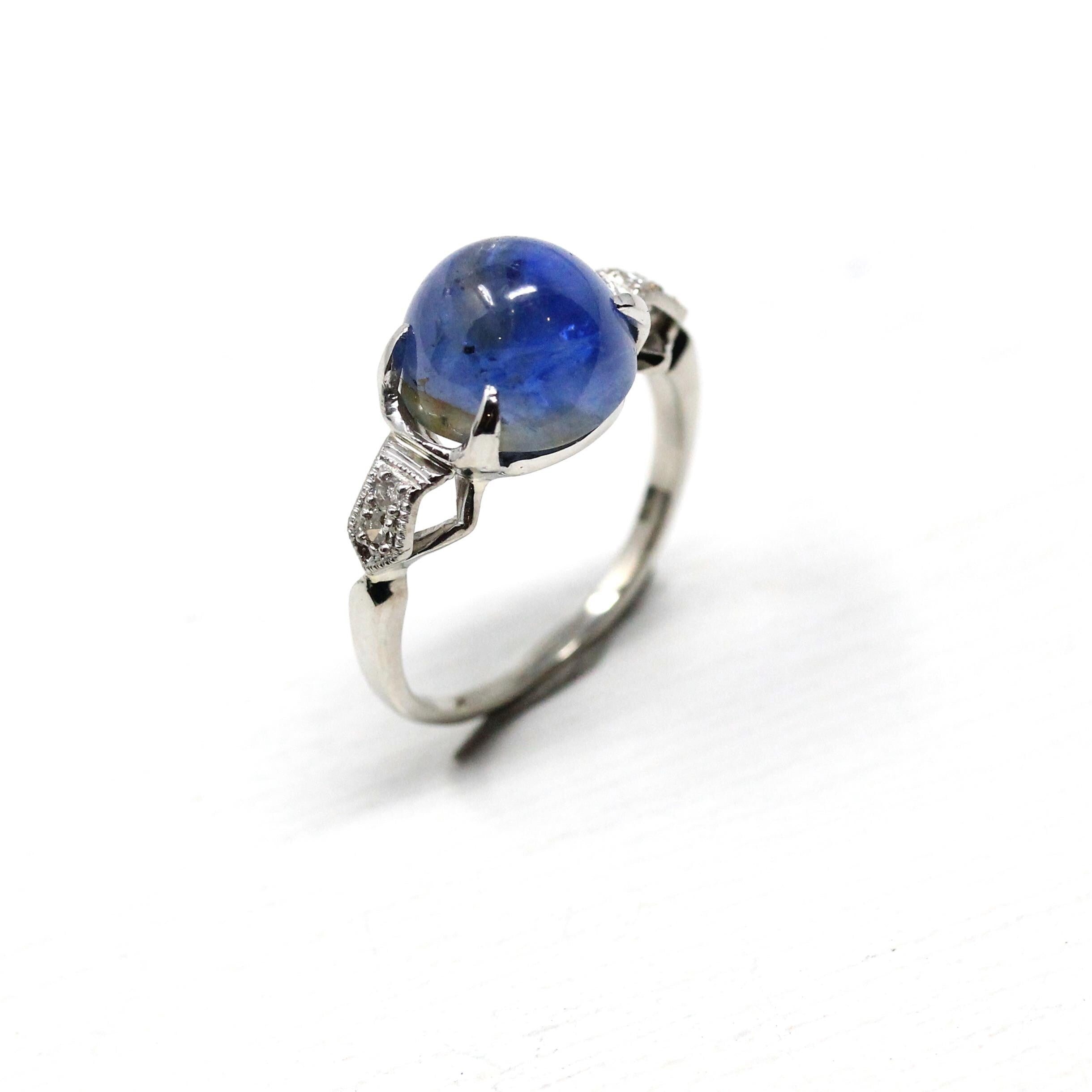 Vintage Star Sapphire Ring Retro Era 10k White Gold Blue