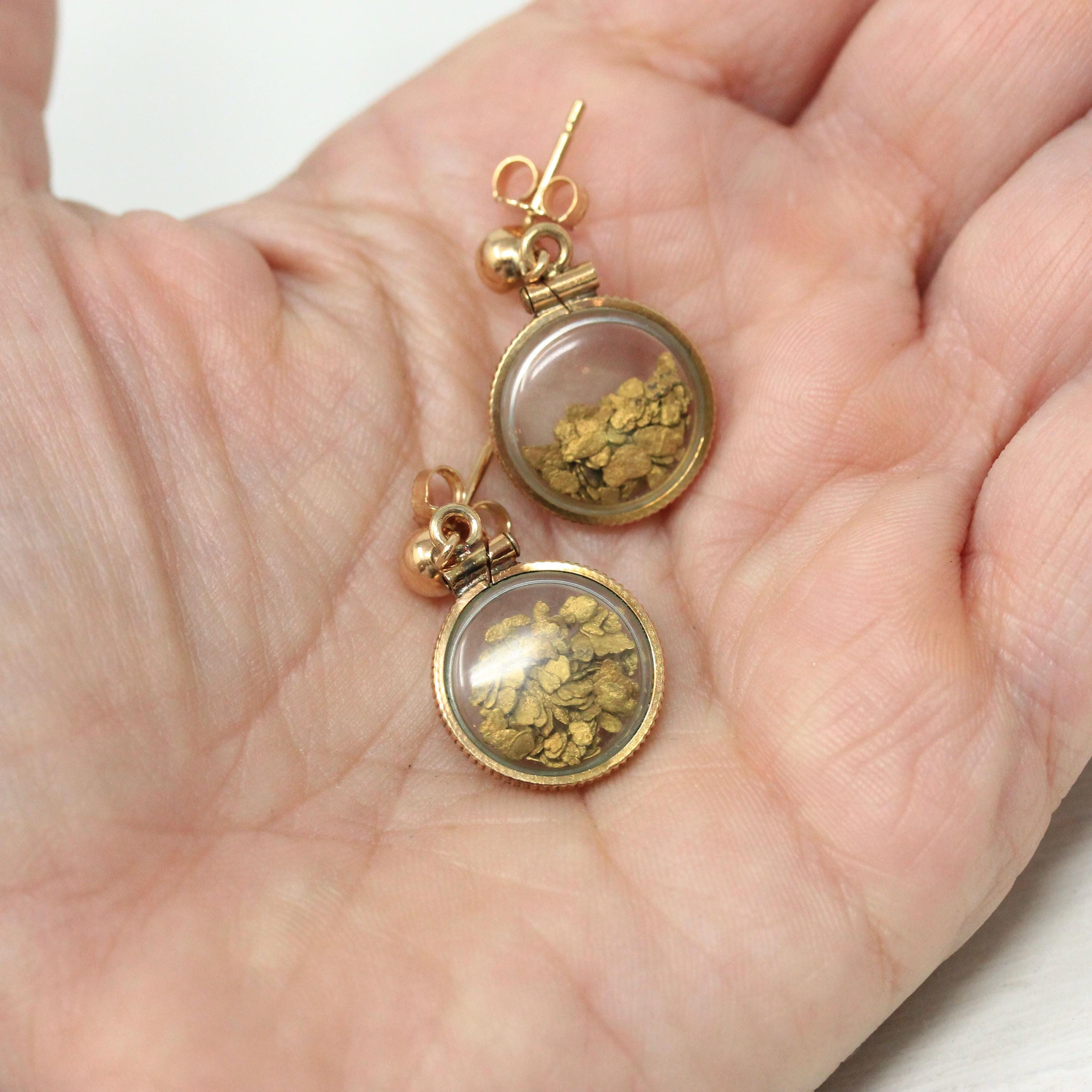 Gold Flake Earrings - Estate 14k Gold Filled Push Backs Posts - Vintage Circa 1980s Era Drop Dangle Alaskan Nugget Souvenir Fine Jewelry