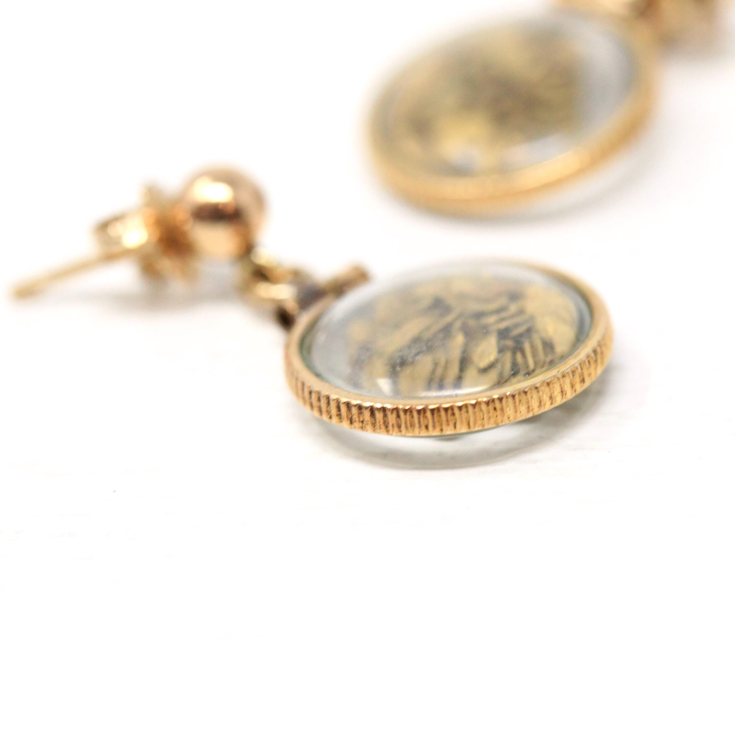 Gold Flake Earrings - Estate 14k Gold Filled Push Backs Posts - Vintage Circa 1980s Era Drop Dangle Alaskan Nugget Souvenir Fine Jewelry