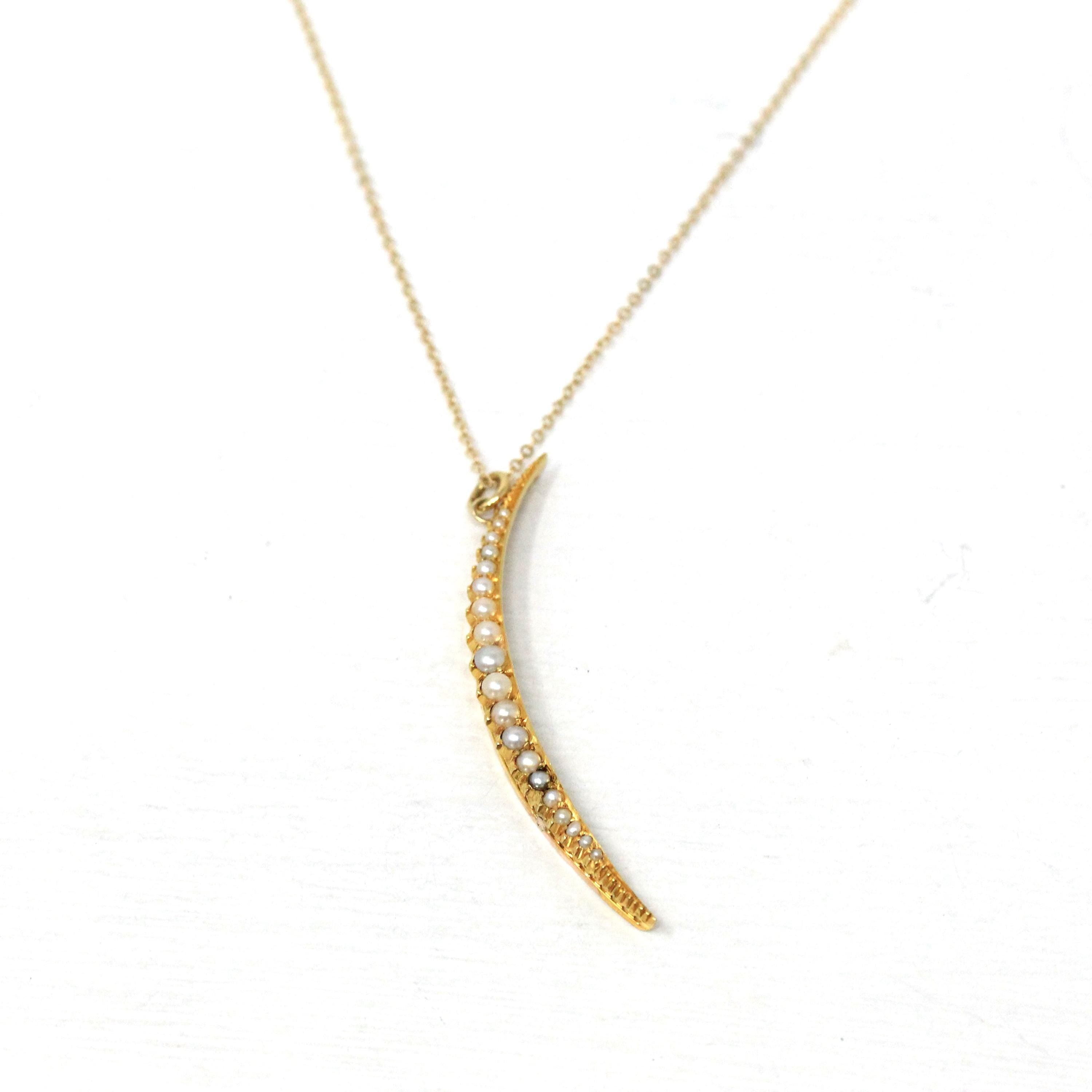 Crescent Moon Necklace - Retro 15k Yellow Gold Cultured Seed Pearls Celestial Pendant - Vintage Circa 1940s Era Statement Fine 40s Jewelry