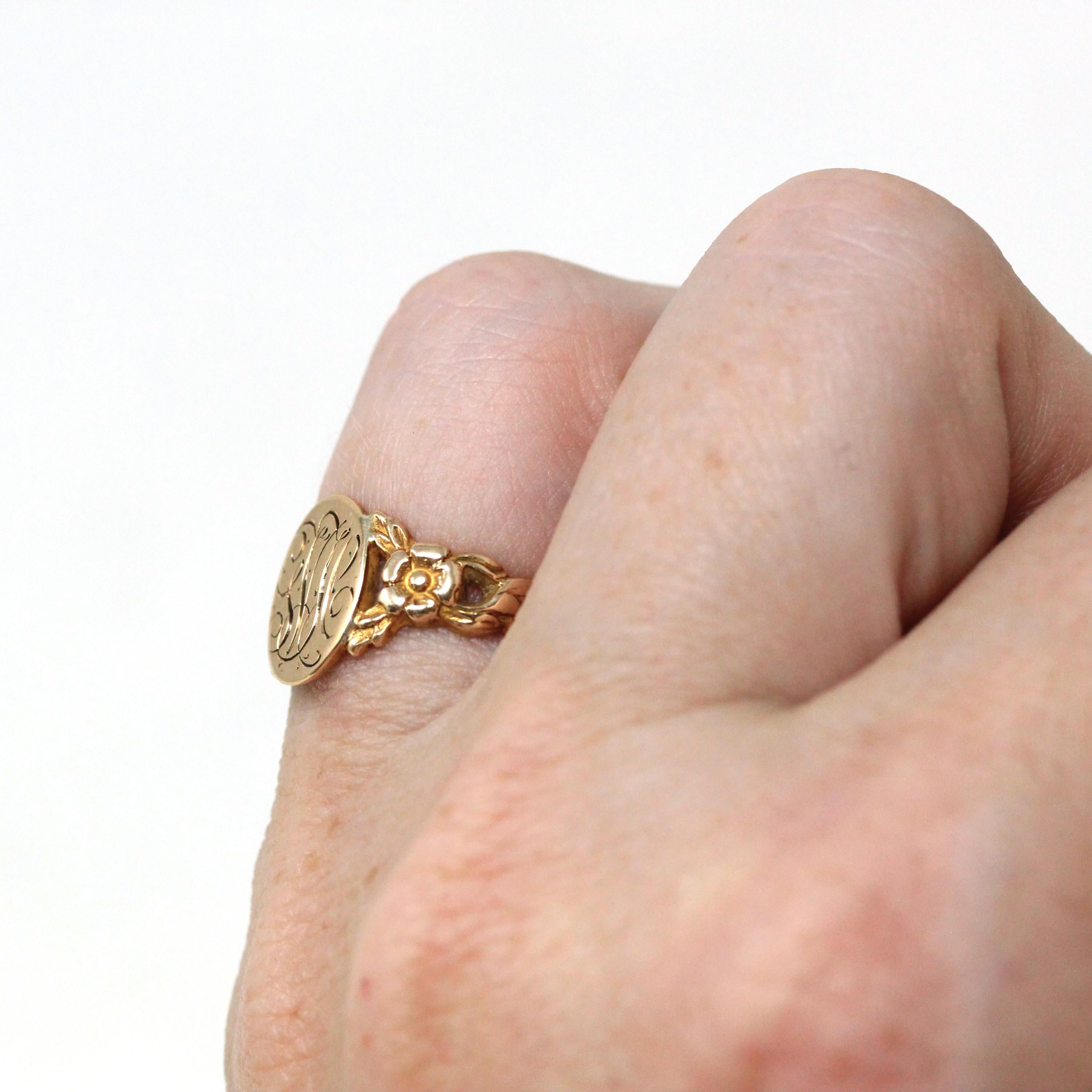 Antique Signet Ring - Edwardian 10k Rose Gold Engraved Initials "GVC" Letters - Vintage Circa 1900s Era Size 5 1/4 Monogrammed Fine Jewelry