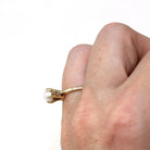 Cultured Pearl Ring - Art Deco 14k Yellow Gold Basket Wheat Designs - Vintage Circa 1930s Era Size 5 Solitaire June Birthstone Fine Jewelry