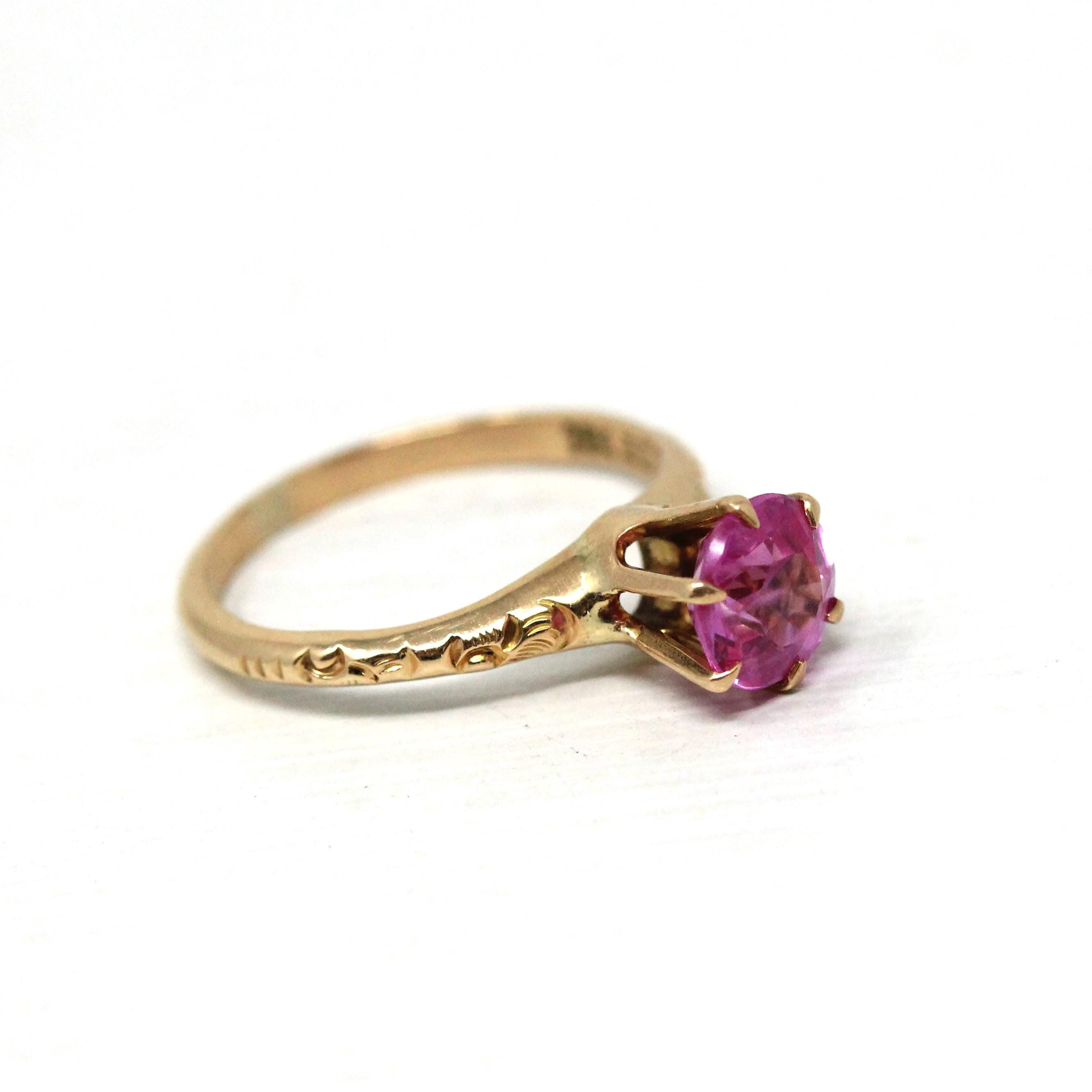 Created Pink Sapphire Ring - Art Deco 10k Yellow Gold Round Faceted Stone - Vintage Circa 1930s Era Size 3 3/4 Flower Motif Fine 30s Jewelry