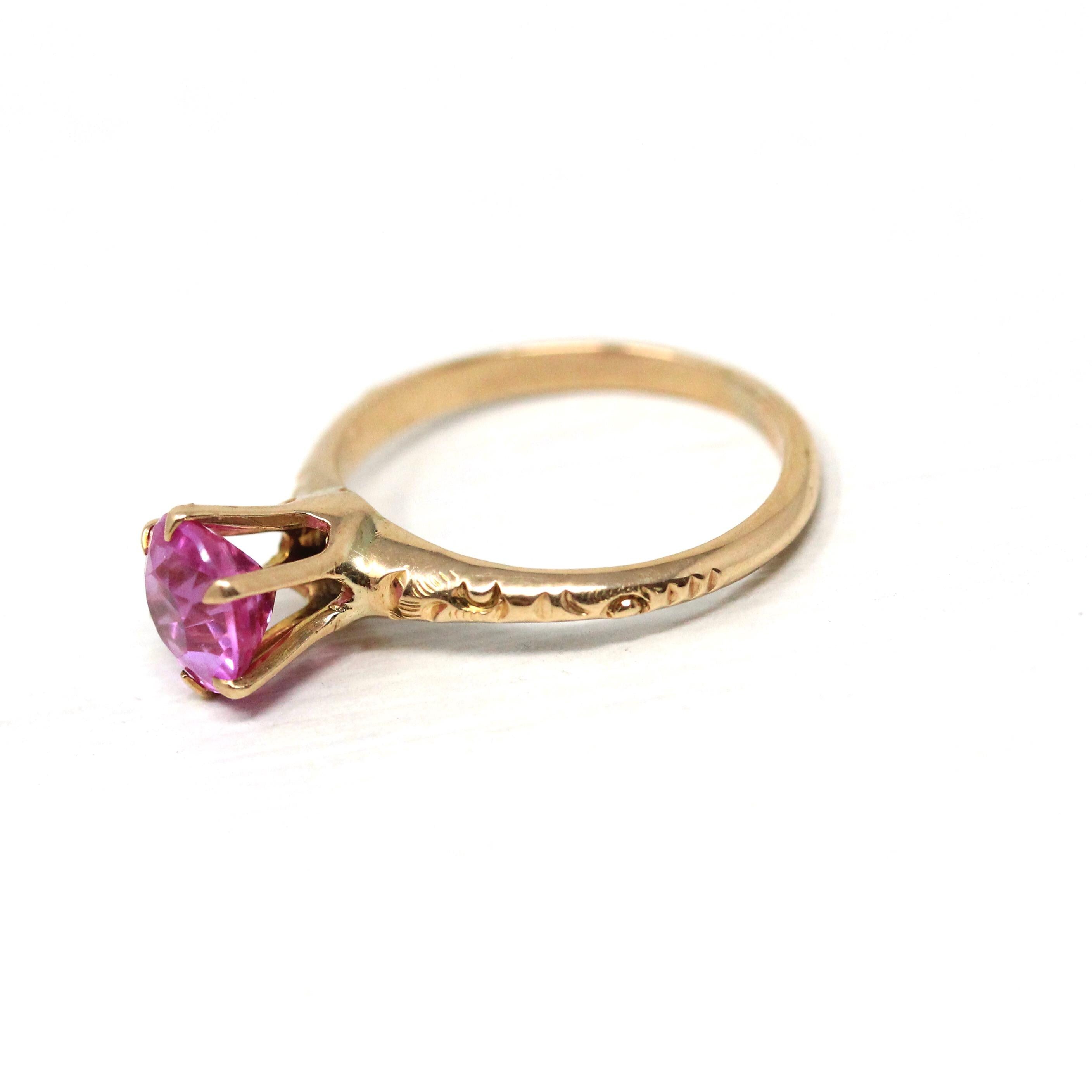 Created Pink Sapphire Ring - Art Deco 10k Yellow Gold Round Faceted Stone - Vintage Circa 1930s Era Size 3 3/4 Flower Motif Fine 30s Jewelry