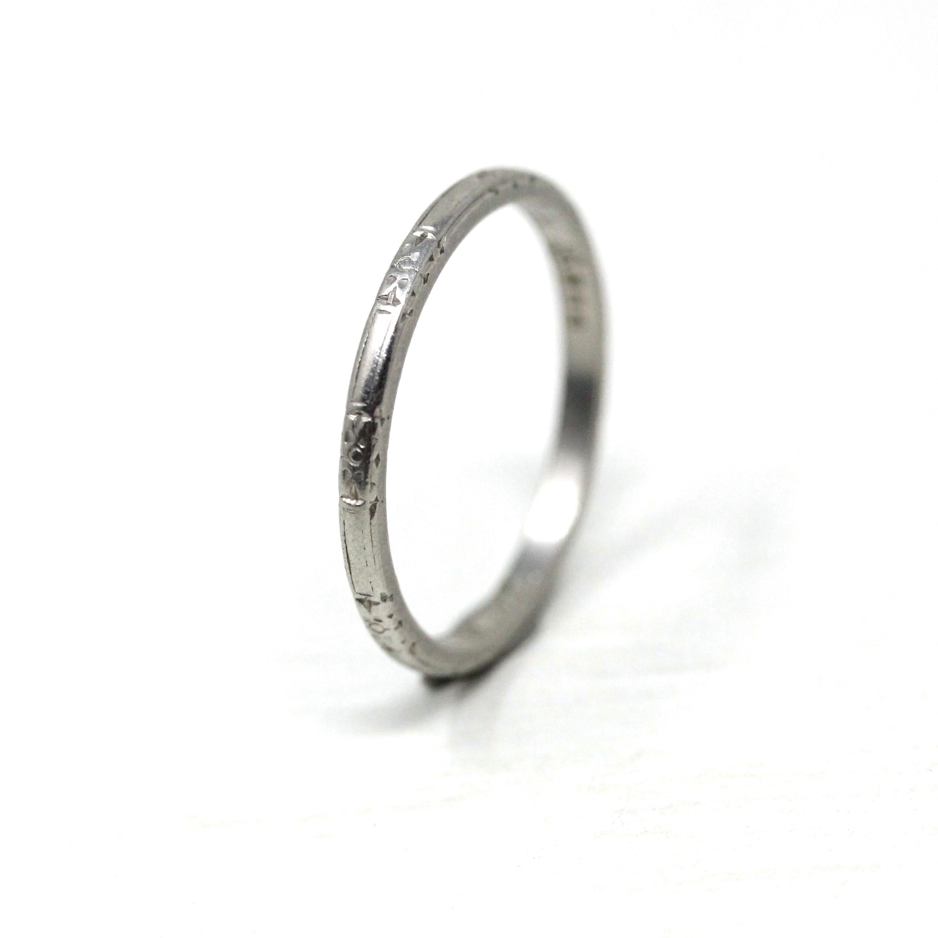 Art Deco Wedding Band - Antique Platinum Engraved Flower Eternity Designs Ring - Vintage 1920s Size 4 1/2 WWR and MC Initials Fine Jewelry