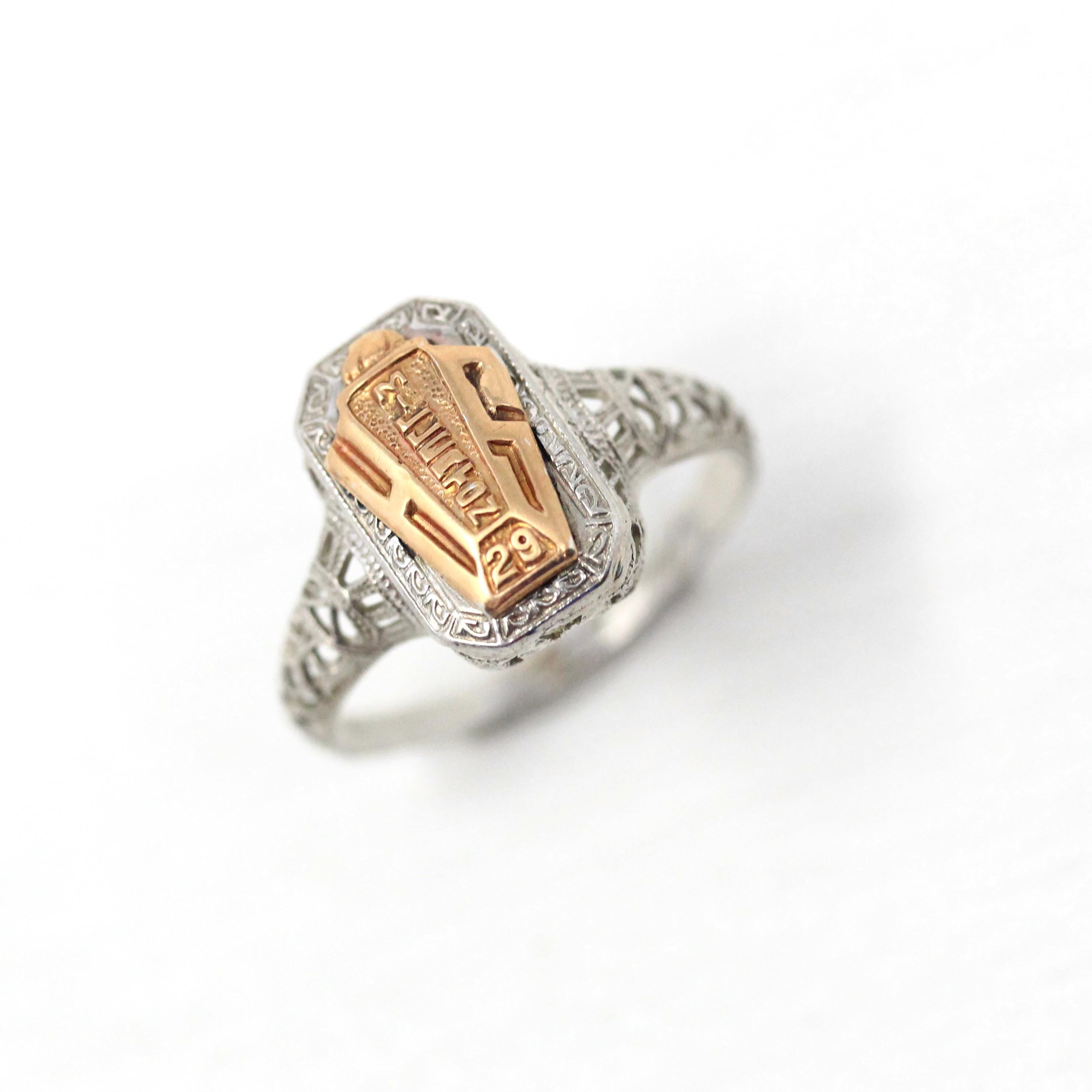Dated 1929 Ring - Art Deco 10k White & Rose Gold High School Filigree Signet - Vintage Size 7 Statement Millerton Keepsake Souvenir Jewelry
