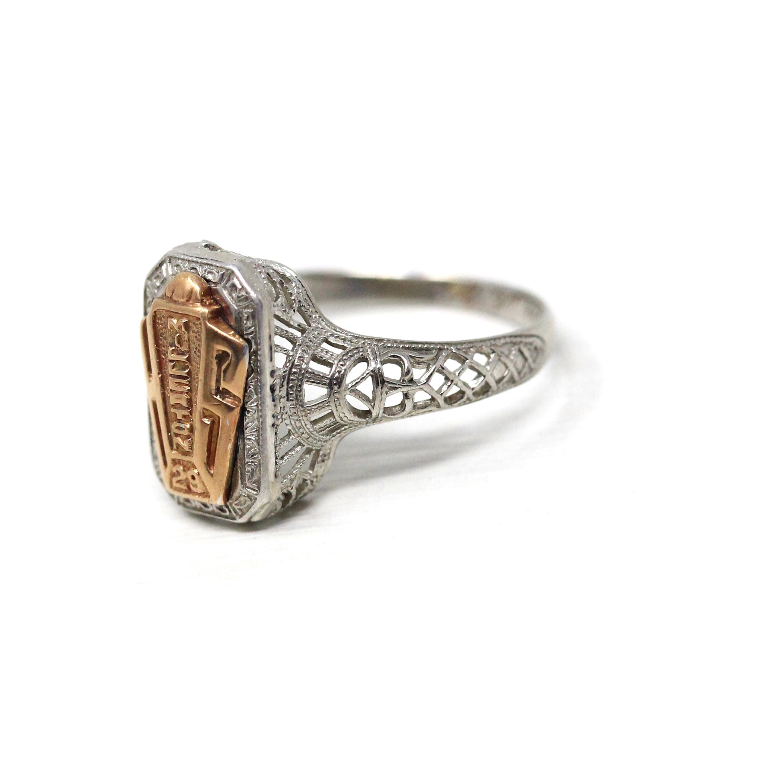 Dated 1929 Ring - Art Deco 10k White & Rose Gold High School Filigree Signet - Vintage Size 7 Statement Millerton Keepsake Souvenir Jewelry