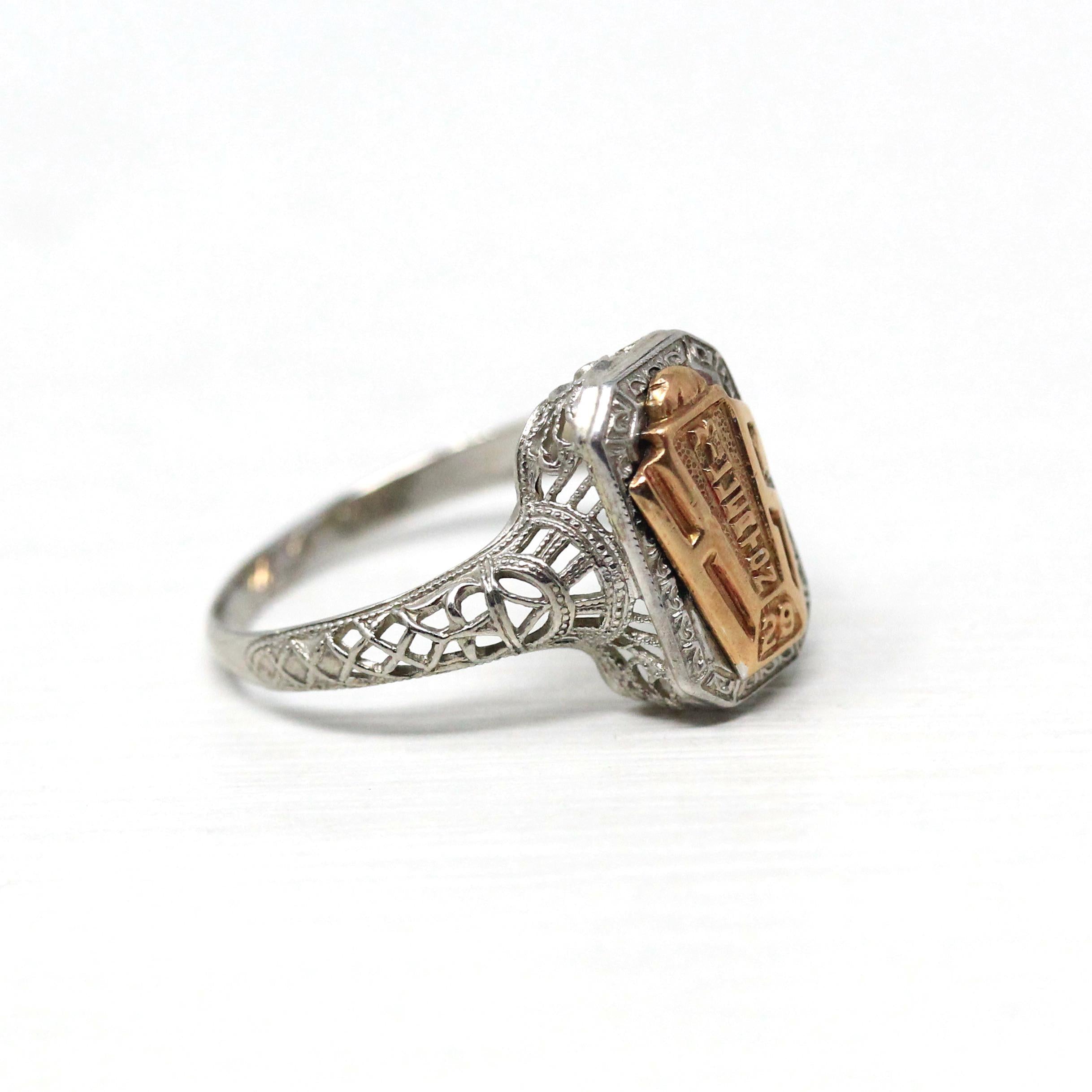Dated 1929 Ring - Art Deco 10k White & Rose Gold High School Filigree Signet - Vintage Size 7 Statement Millerton Keepsake Souvenir Jewelry