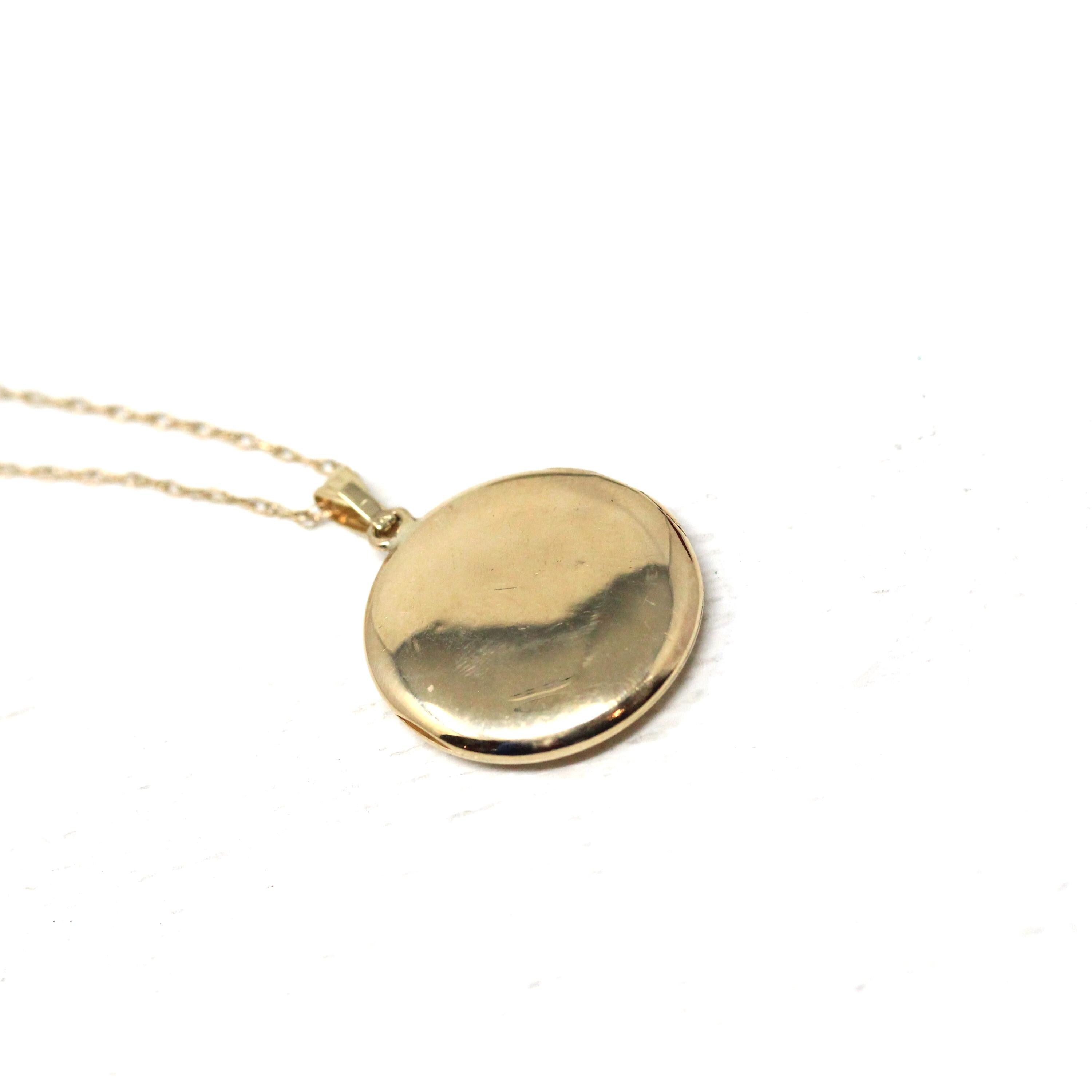 Vintage Round Locket - Retro 10k Yellow Gold Floral Pendant Charm - Circa 1940s Era Engraved Keepsake Original Photographs Fine 40s Jewelry