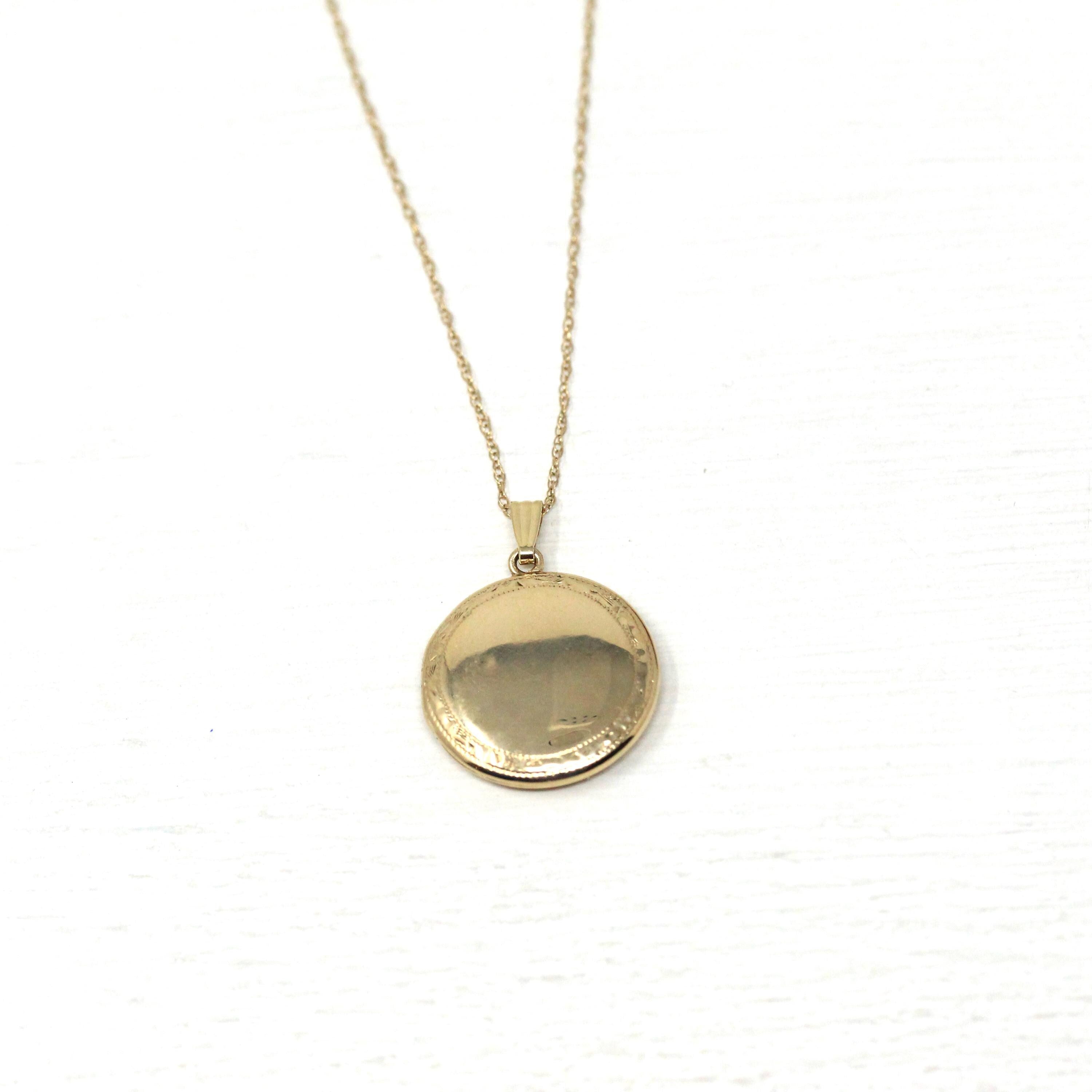 Vintage Round Locket - Retro 10k Yellow Gold Floral Pendant Charm - Circa 1940s Era Engraved Keepsake Original Photographs Fine 40s Jewelry