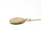 Vintage Round Locket - Retro 10k Yellow Gold Floral Pendant Charm - Circa 1940s Era Engraved Keepsake Original Photographs Fine 40s Jewelry