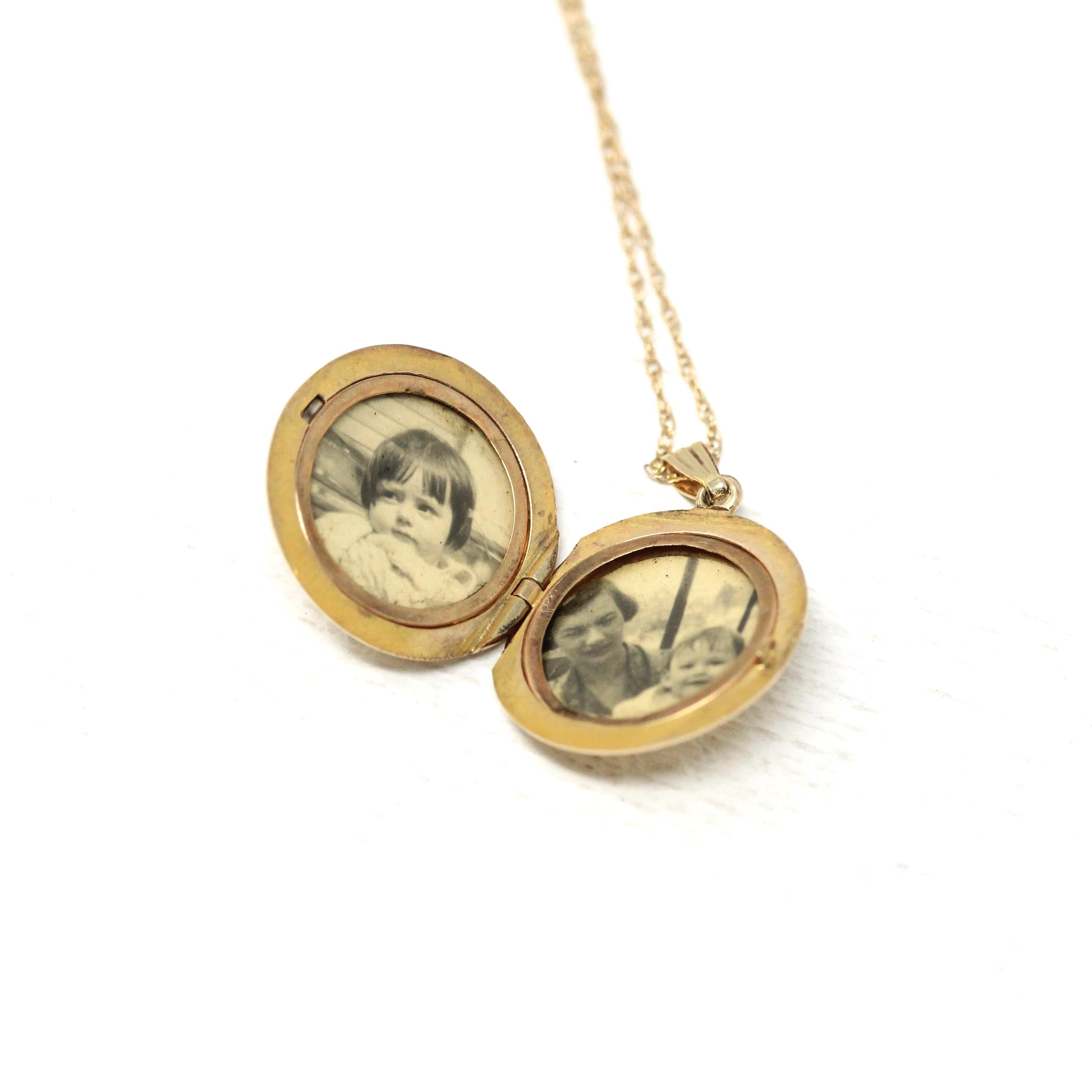 Vintage Round Locket - Retro 10k Yellow Gold Floral Pendant Charm - Circa 1940s Era Engraved Keepsake Original Photographs Fine 40s Jewelry