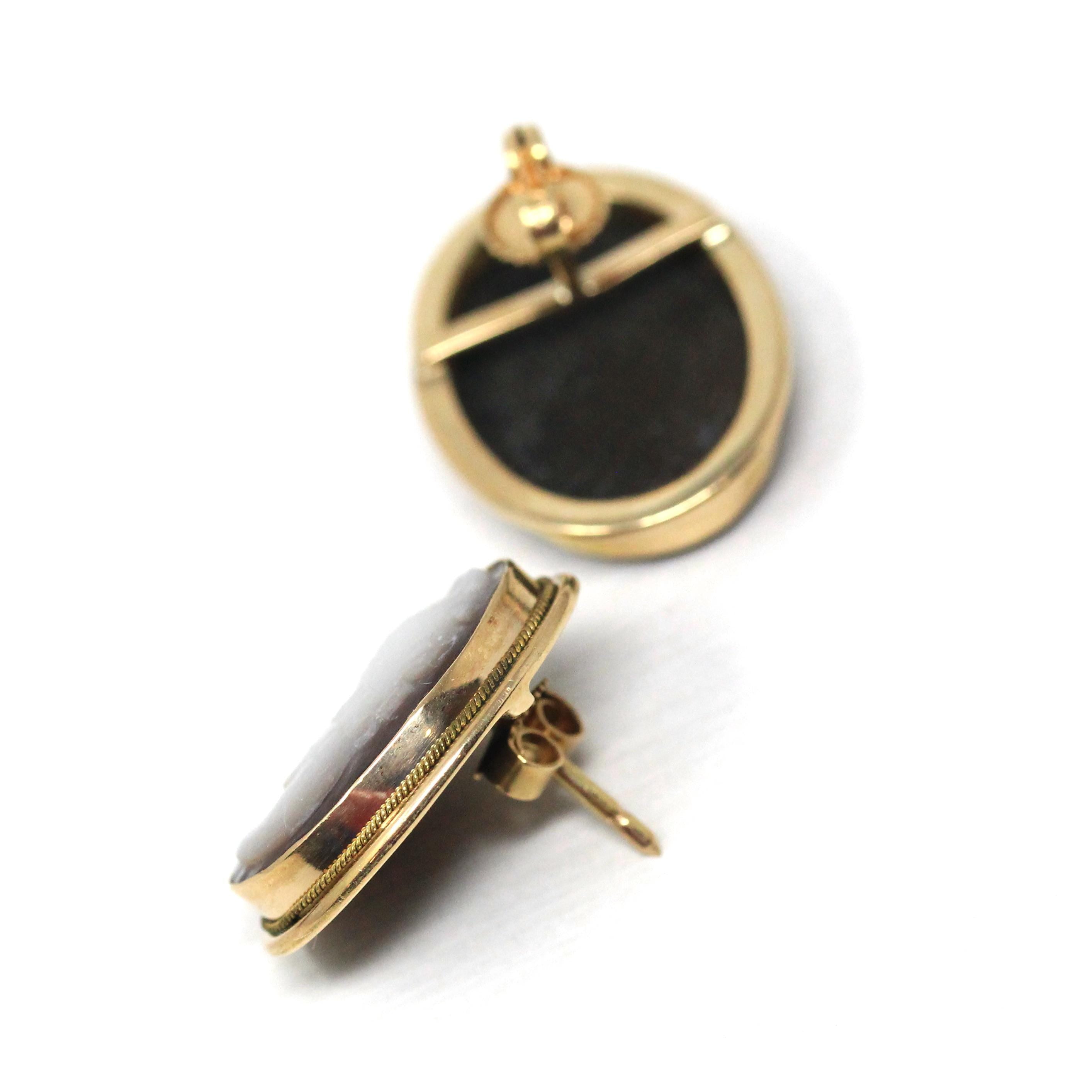 Vintage Cameo Earrings - Retro Era 14k Yellow Gold Carved Gray Mother Of Pearl - Circa 1980s Italian Bezel Set Ladies Portrait Post Earrings