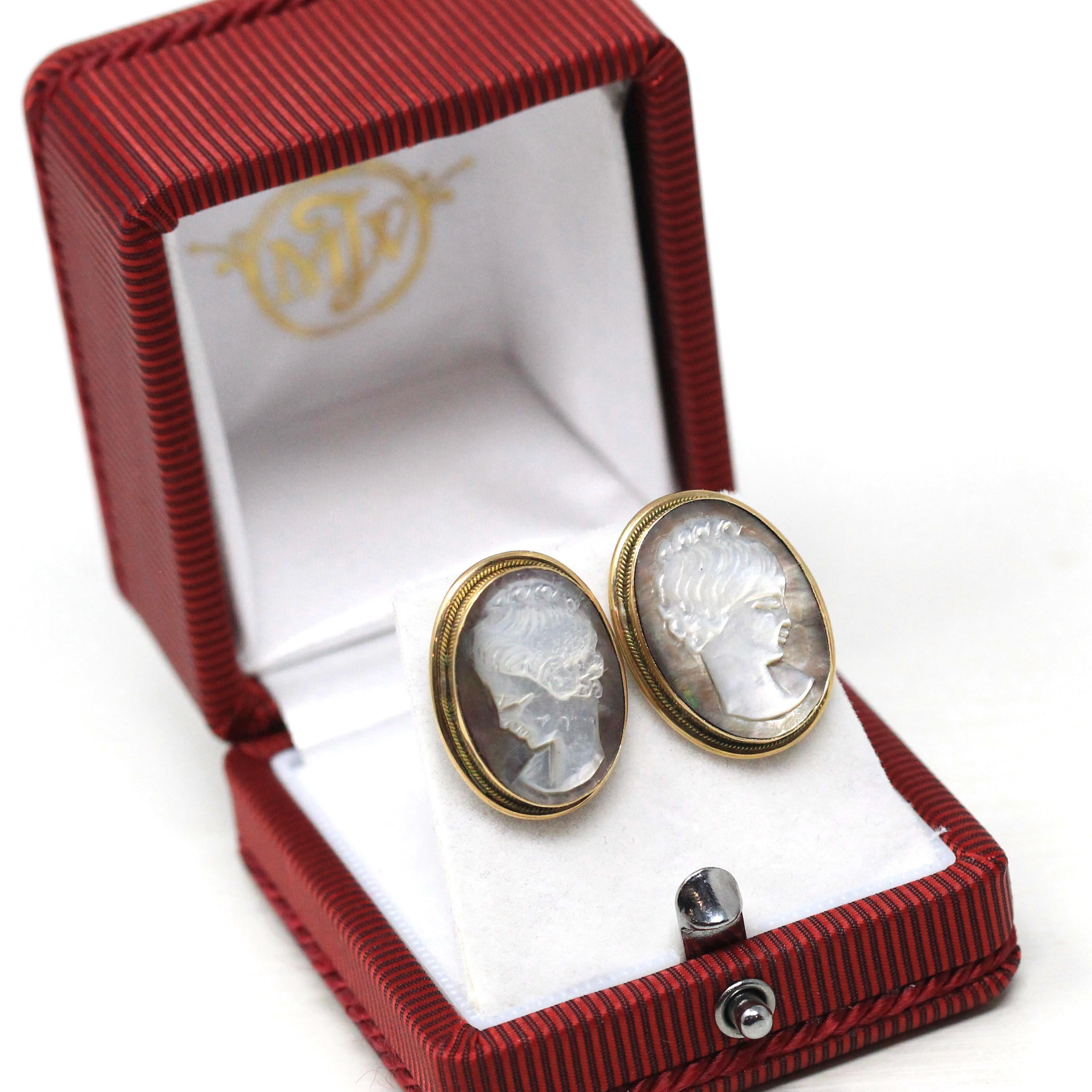 Vintage Cameo Earrings - Retro Era 14k Yellow Gold Carved Gray Mother Of Pearl - Circa 1980s Italian Bezel Set Ladies Portrait Post Earrings