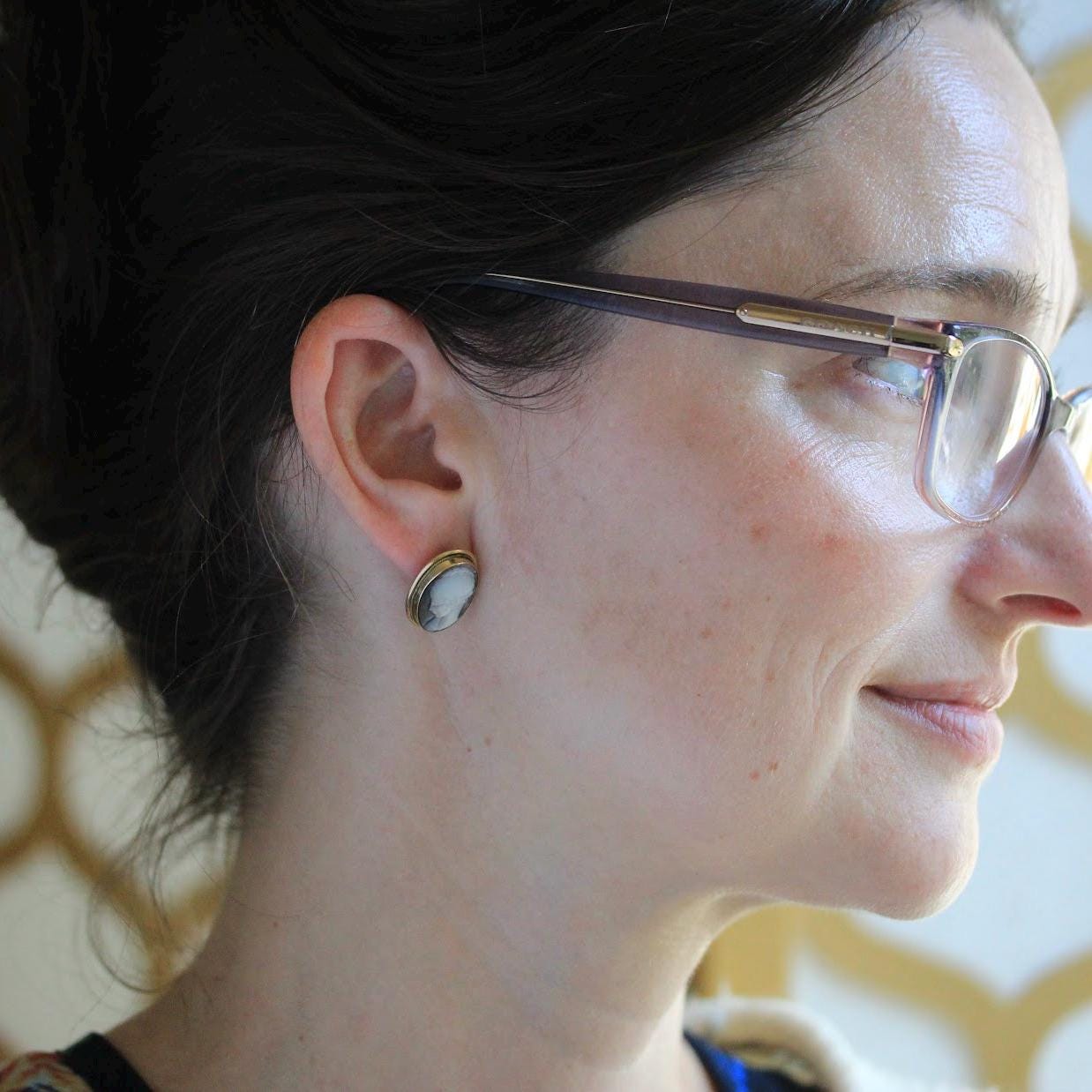 Vintage Cameo Earrings - Retro Era 14k Yellow Gold Carved Gray Mother Of Pearl - Circa 1980s Italian Bezel Set Ladies Portrait Post Earrings