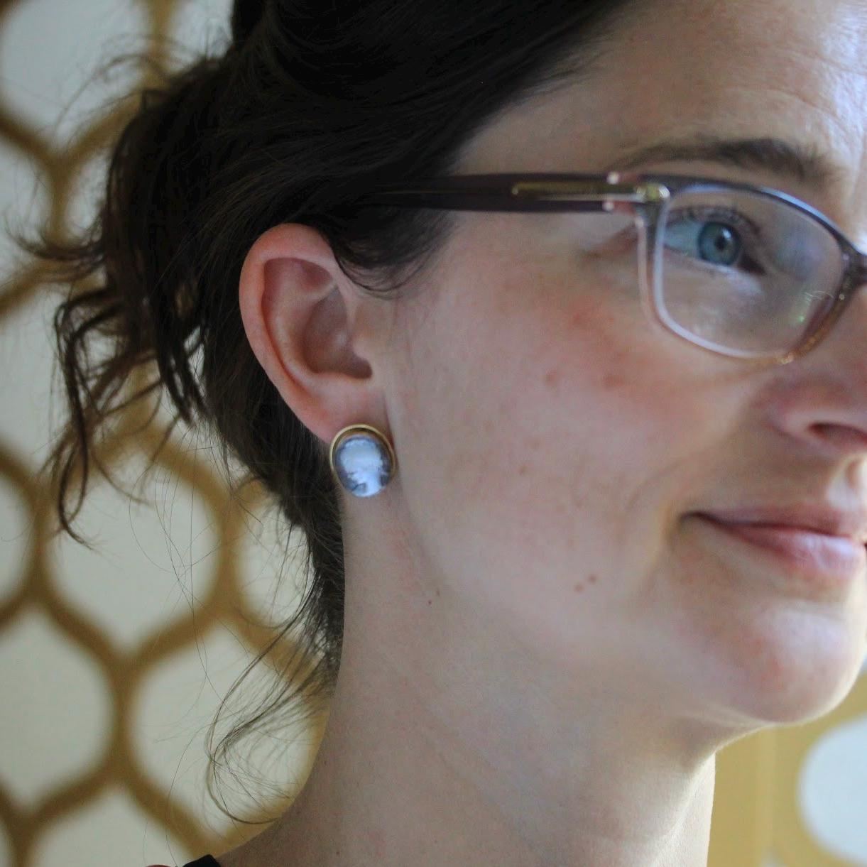 Vintage Cameo Earrings - Retro Era 14k Yellow Gold Carved Gray Mother Of Pearl - Circa 1980s Italian Bezel Set Ladies Portrait Post Earrings