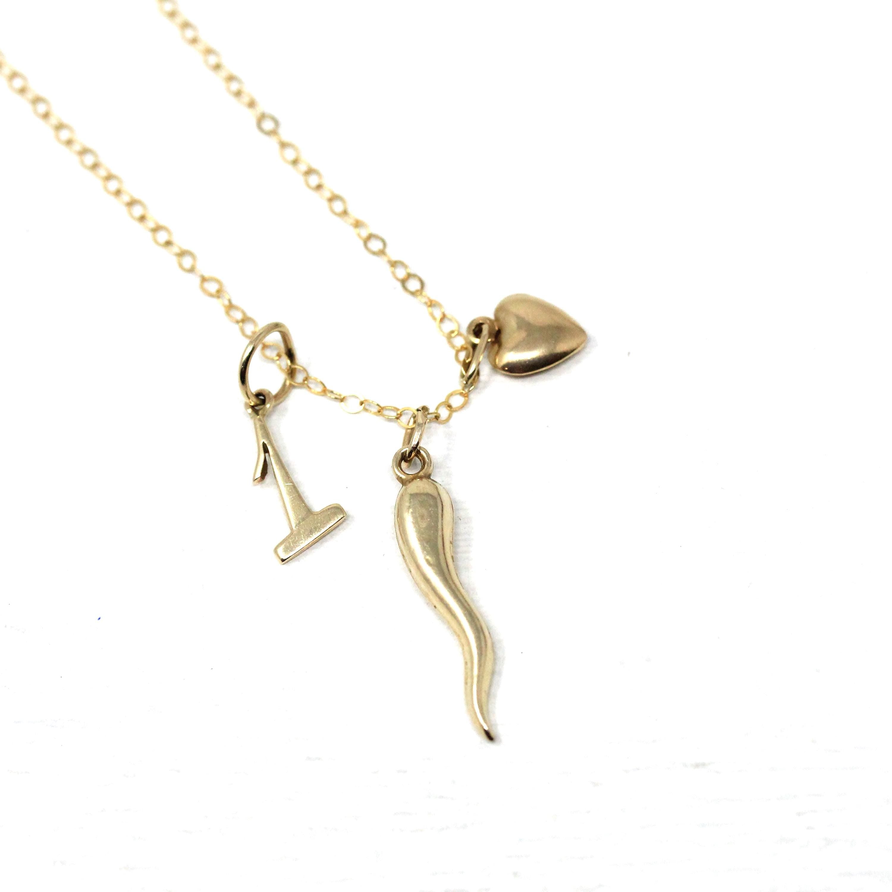 Vintage Charm Necklace - Retro 14k Yellow Gold Cornicello Number 1 Heart Pendants Trio - Circa 1990s Era Personal Fine Italian Horn Jewelry