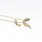 Vintage Charm Necklace - Retro 14k Yellow Gold Cornicello Number 1 Heart Pendants Trio - Circa 1990s Era Personal Fine Italian Horn Jewelry