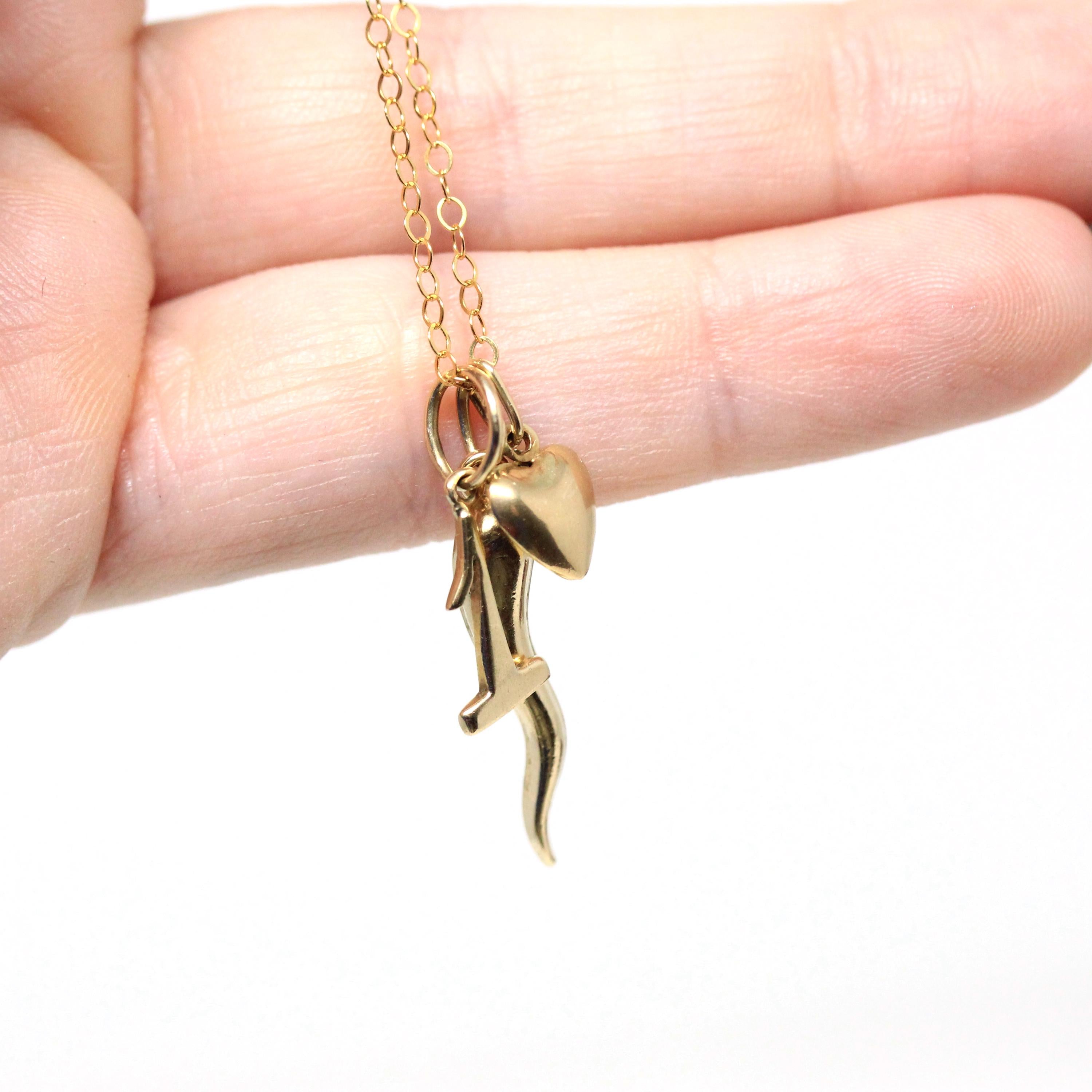 Vintage Charm Necklace - Retro 14k Yellow Gold Cornicello Number 1 Heart Pendants Trio - Circa 1990s Era Personal Fine Italian Horn Jewelry