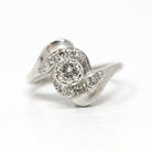 Mid Century Ring - Vintage 14k White Gold Genuine .50 CTW Diamond Swirl Bypass Halo - Circa 1950s Retro Era Size 6 Fine Engagement Jewelry