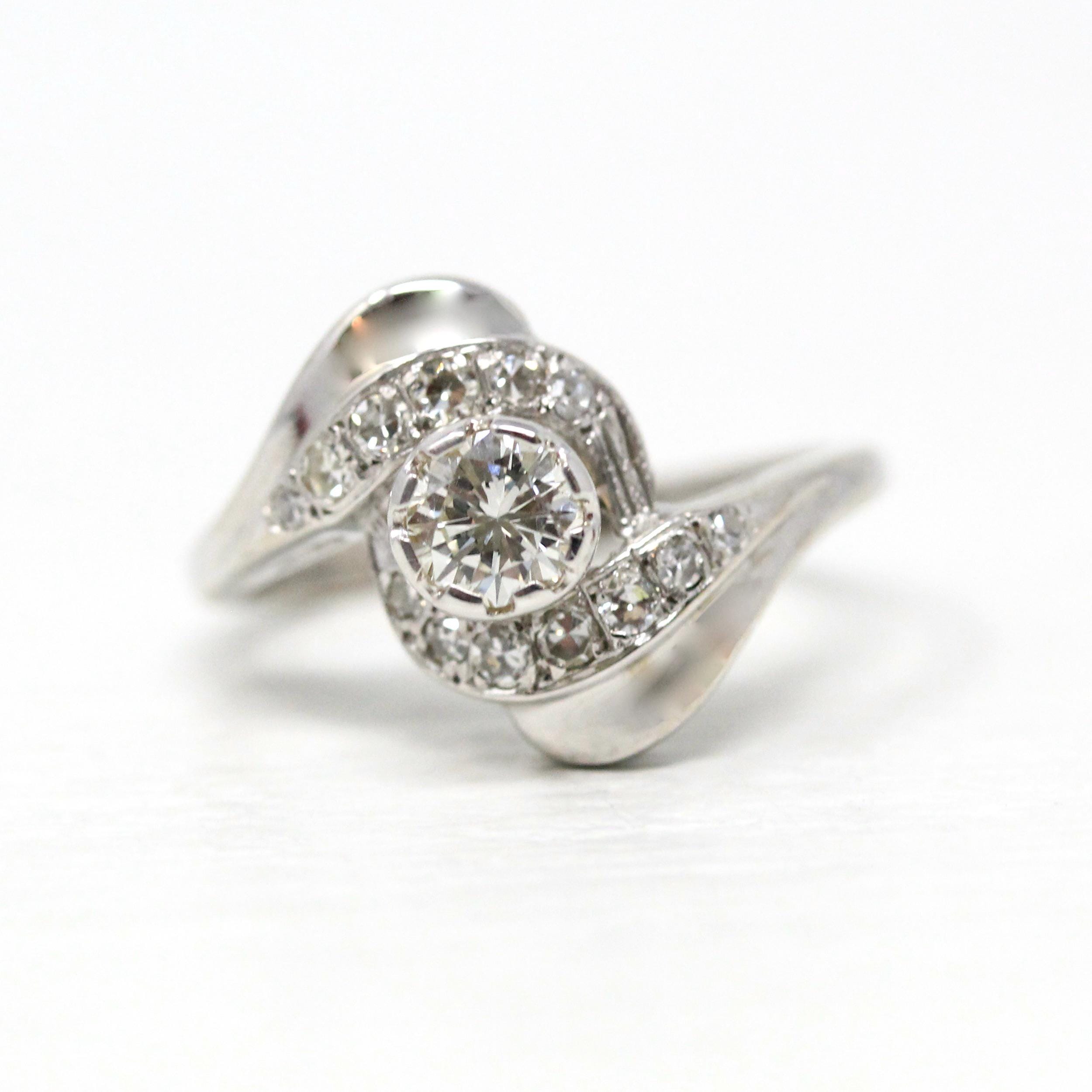 Mid Century Ring - Vintage 14k White Gold Genuine .50 CTW Diamond Swirl Bypass Halo - Circa 1950s Retro Era Size 6 Fine Engagement Jewelry