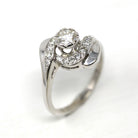 Mid Century Ring - Vintage 14k White Gold Genuine .50 CTW Diamond Swirl Bypass Halo - Circa 1950s Retro Era Size 6 Fine Engagement Jewelry