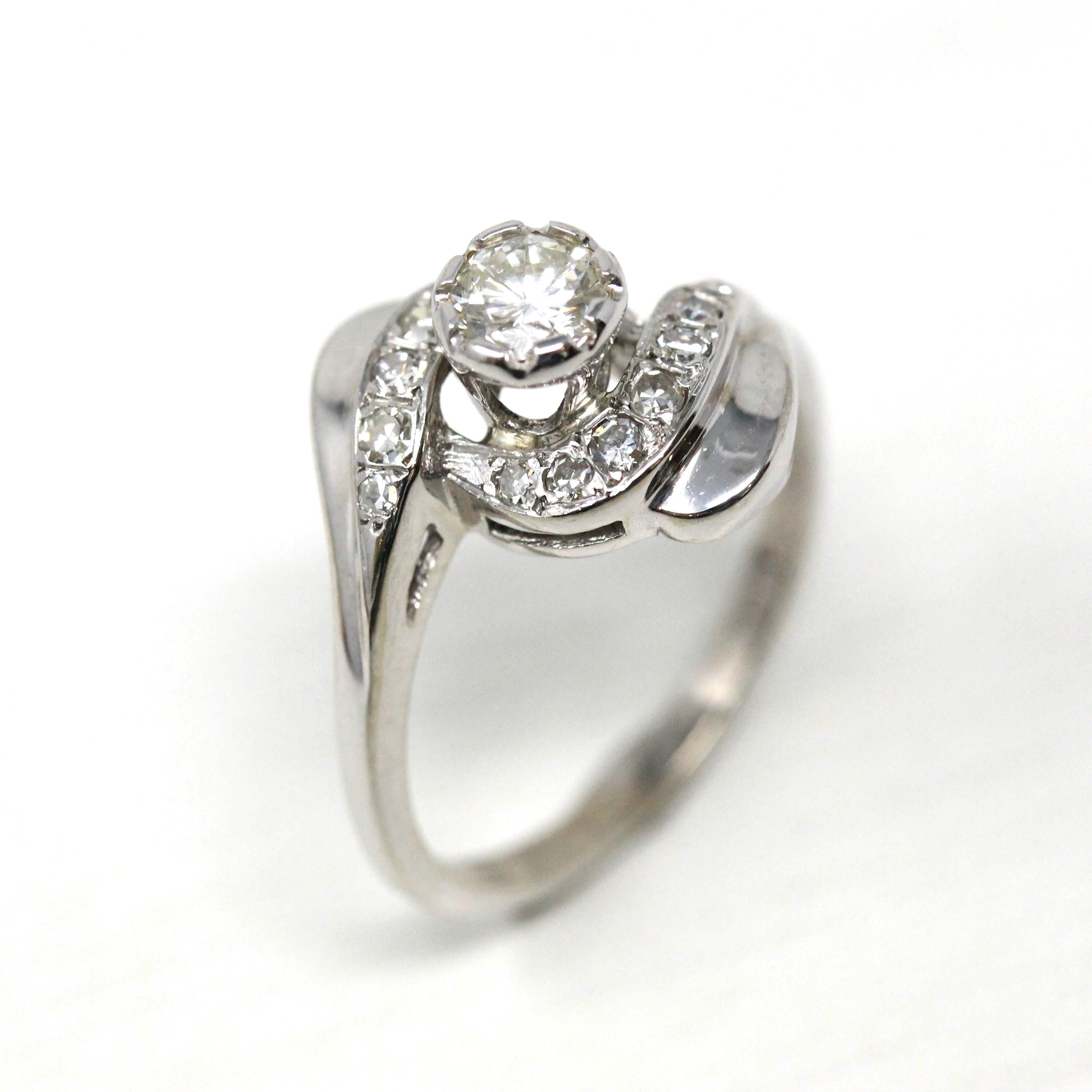 Mid Century Ring - Vintage 14k White Gold Genuine .50 CTW Diamond Swirl Bypass Halo - Circa 1950s Retro Era Size 6 Fine Engagement Jewelry