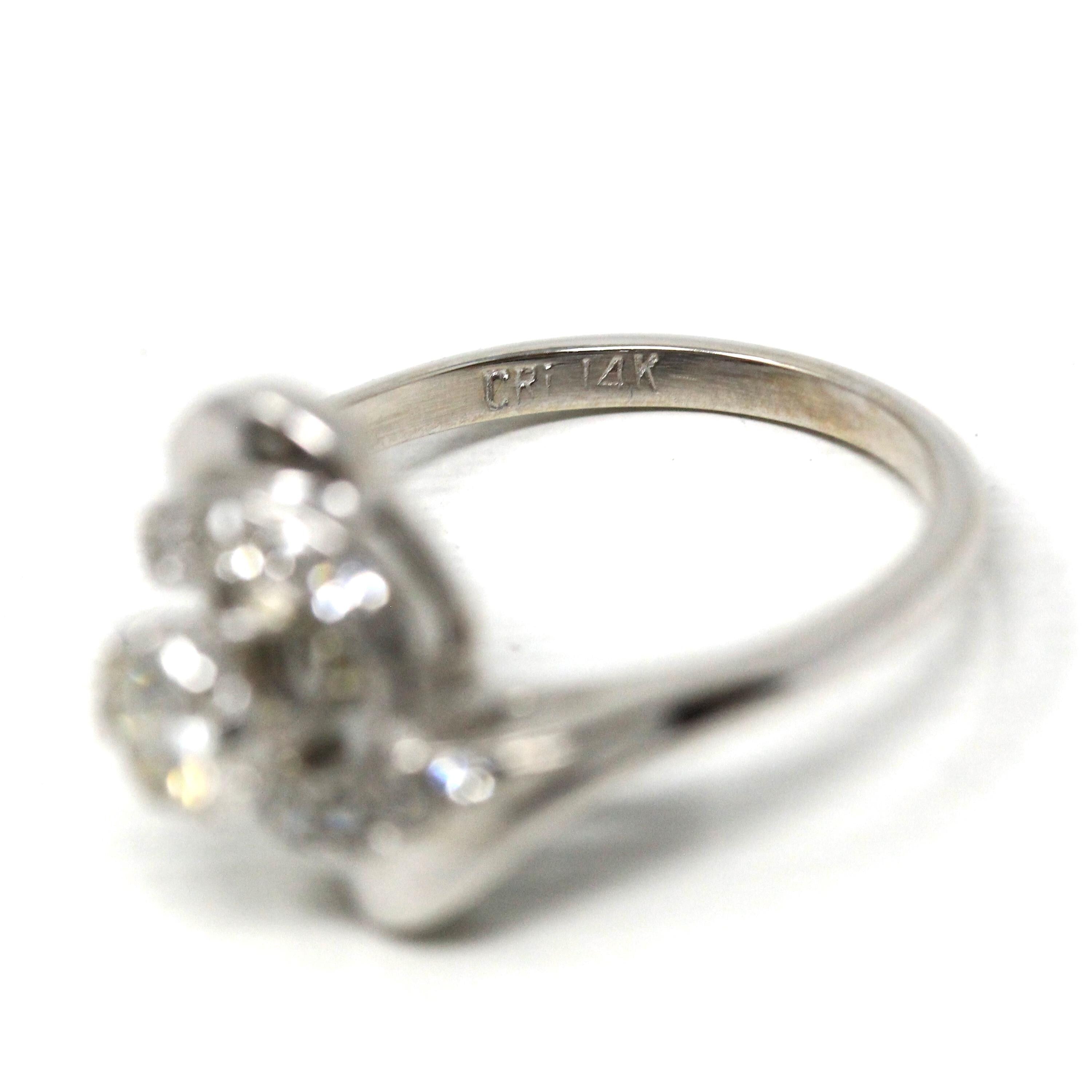 Mid Century Ring - Vintage 14k White Gold Genuine .50 CTW Diamond Swirl Bypass Halo - Circa 1950s Retro Era Size 6 Fine Engagement Jewelry