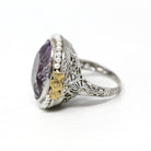 Genuine Amethyst Ring - Art Deco 14k White Gold Purple Gemstone Seed Pearl Halo - Vintage Circa 1930s Era Size 6 3/4 Filigree Flower Jewelry