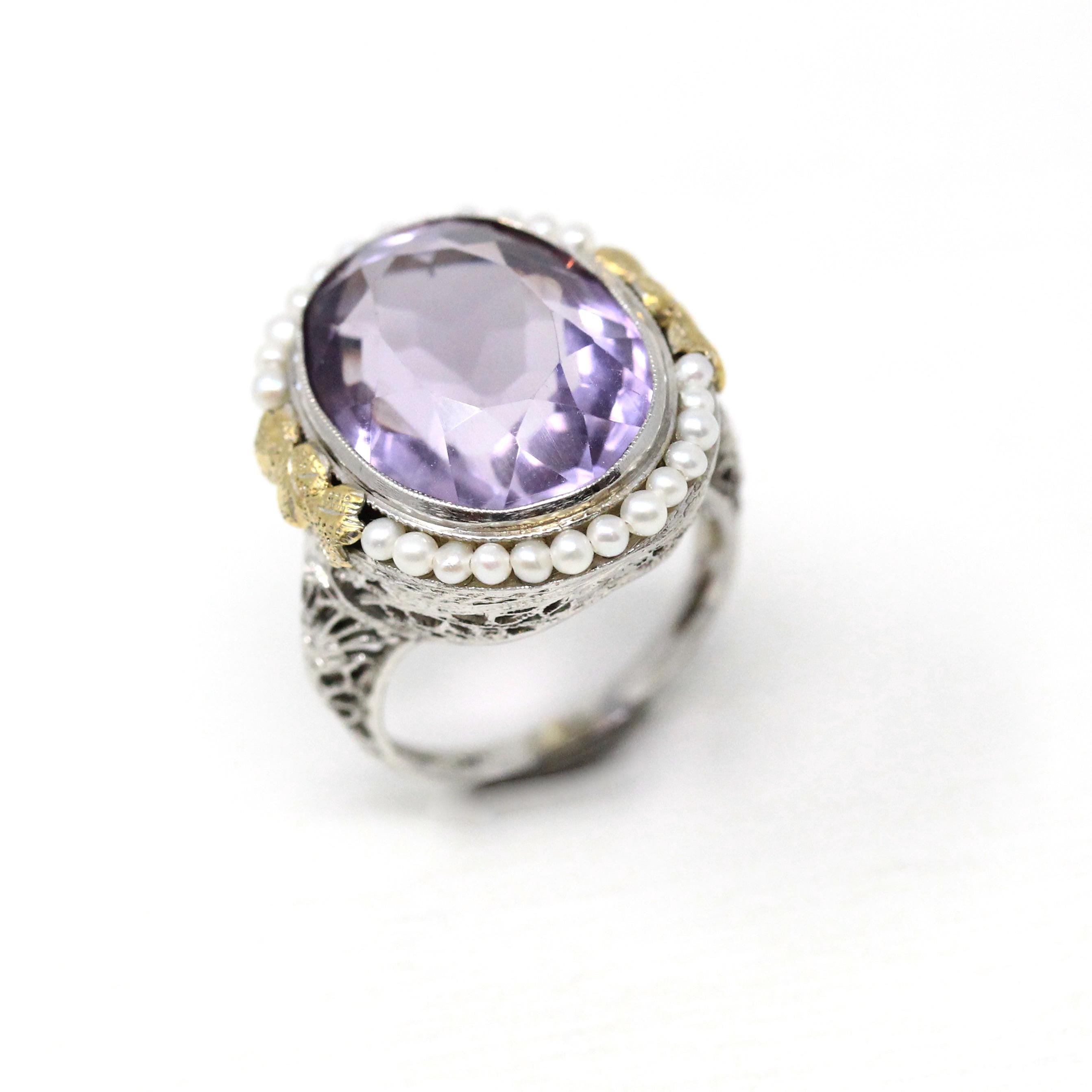 Genuine Amethyst Ring - Art Deco 14k White Gold Purple Gemstone Seed Pearl Halo - Vintage Circa 1930s Era Size 6 3/4 Filigree Flower Jewelry