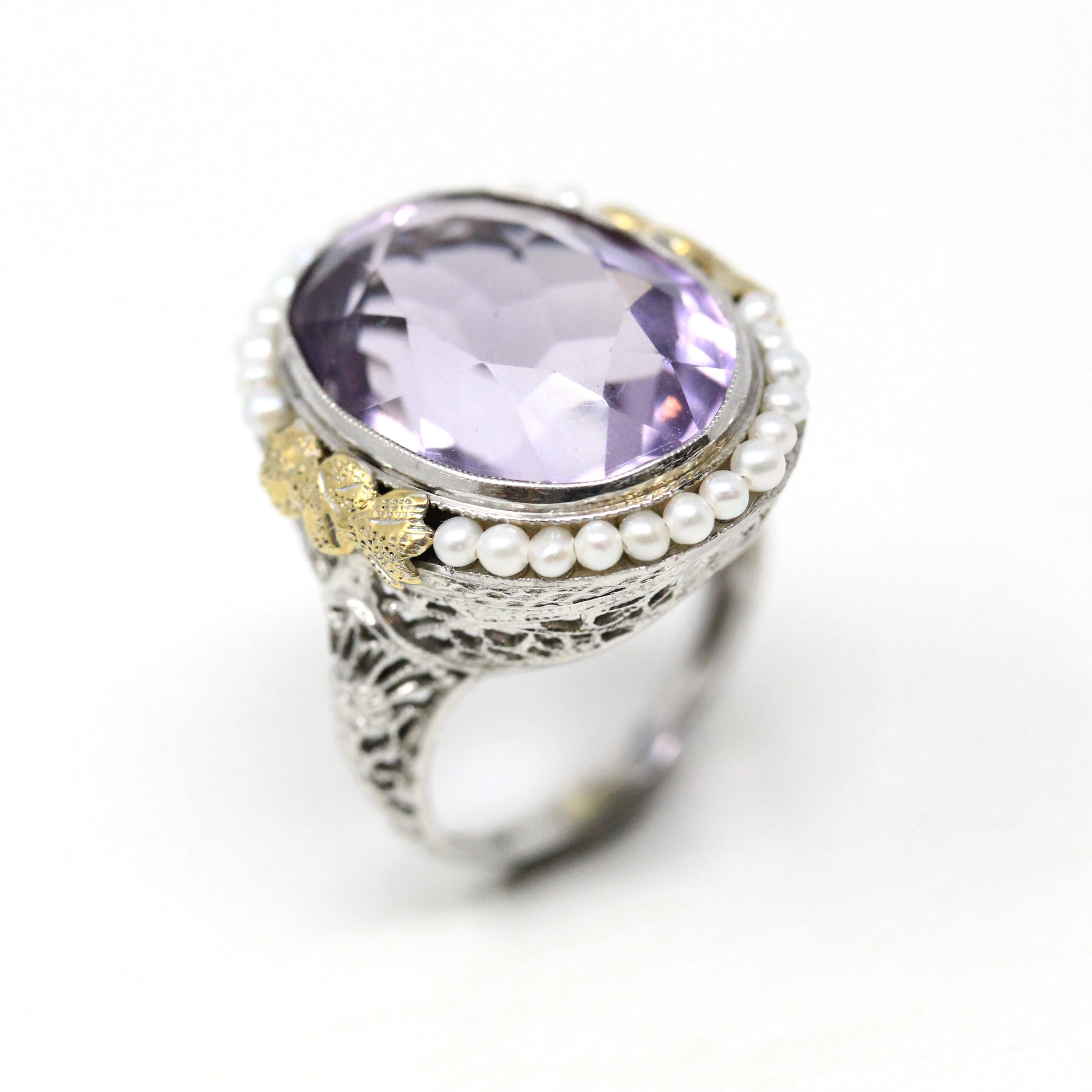 Genuine Amethyst Ring - Art Deco 14k White Gold Purple Gemstone Seed Pearl Halo - Vintage Circa 1930s Era Size 6 3/4 Filigree Flower Jewelry