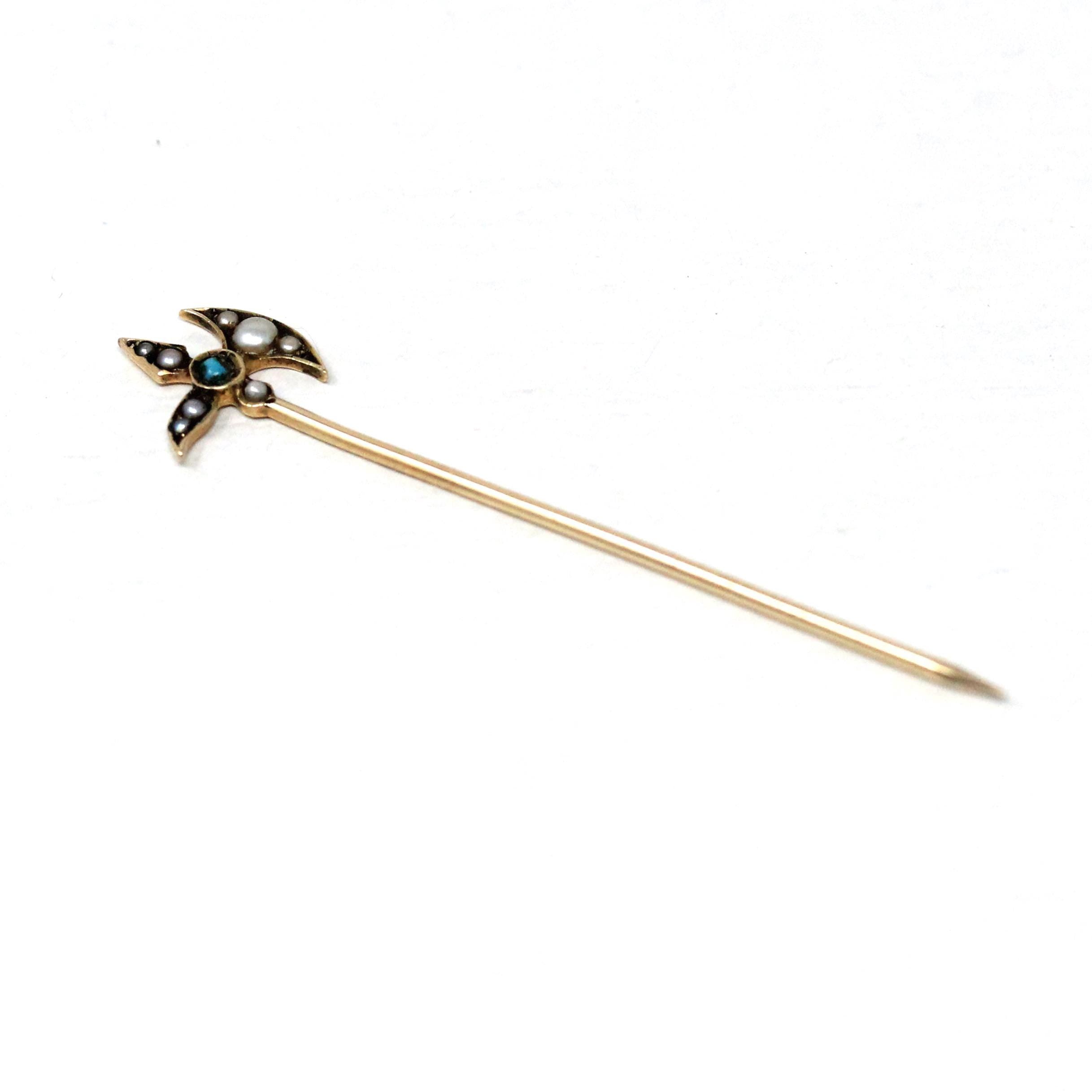 Antique Axe Stick Pin - Edwardian 14k Yellow Gold Turquoise & Seed Pearls - Vintage Early 1900s Men's Unisex Accessory Hat Tie Fine Jewelry