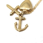 Vintage Charm Necklace - Retro 14k Yellow Gold Cross Anchor Heart Pendants - Circa 1970s Era Faith Hope Charity Religious 70s Fine Jewelry