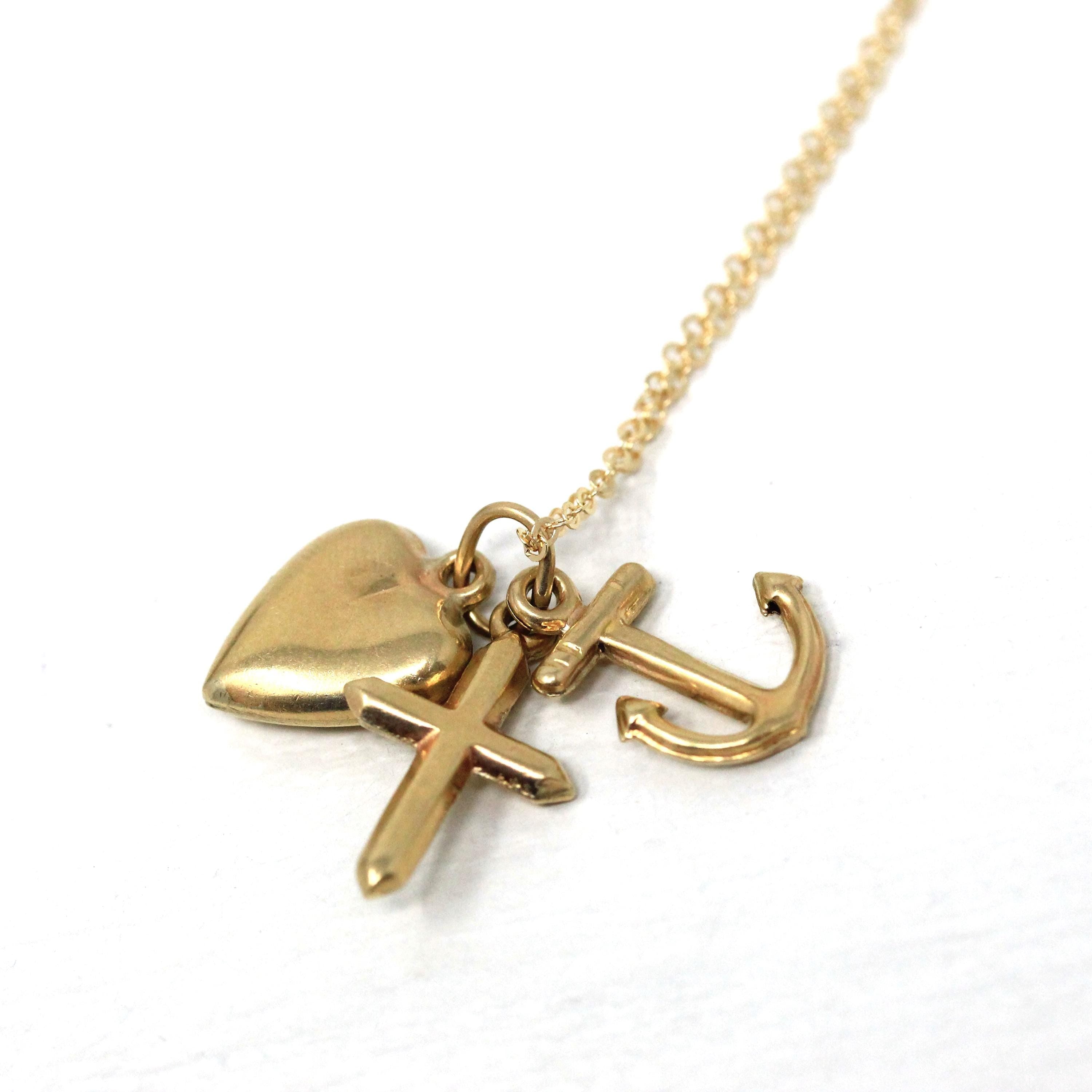 Vintage Charm Necklace - Retro 14k Yellow Gold Cross Anchor Heart Pendants - Circa 1970s Era Faith Hope Charity Religious 70s Fine Jewelry
