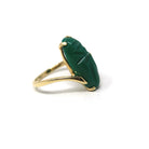 Vintage Scarab Ring - Retro 14k Yellow Gold Oval Carved Green Glass Stone - Circa 1960s Era Size 4 Egyptian Revival Style Fine 60s Jewelry