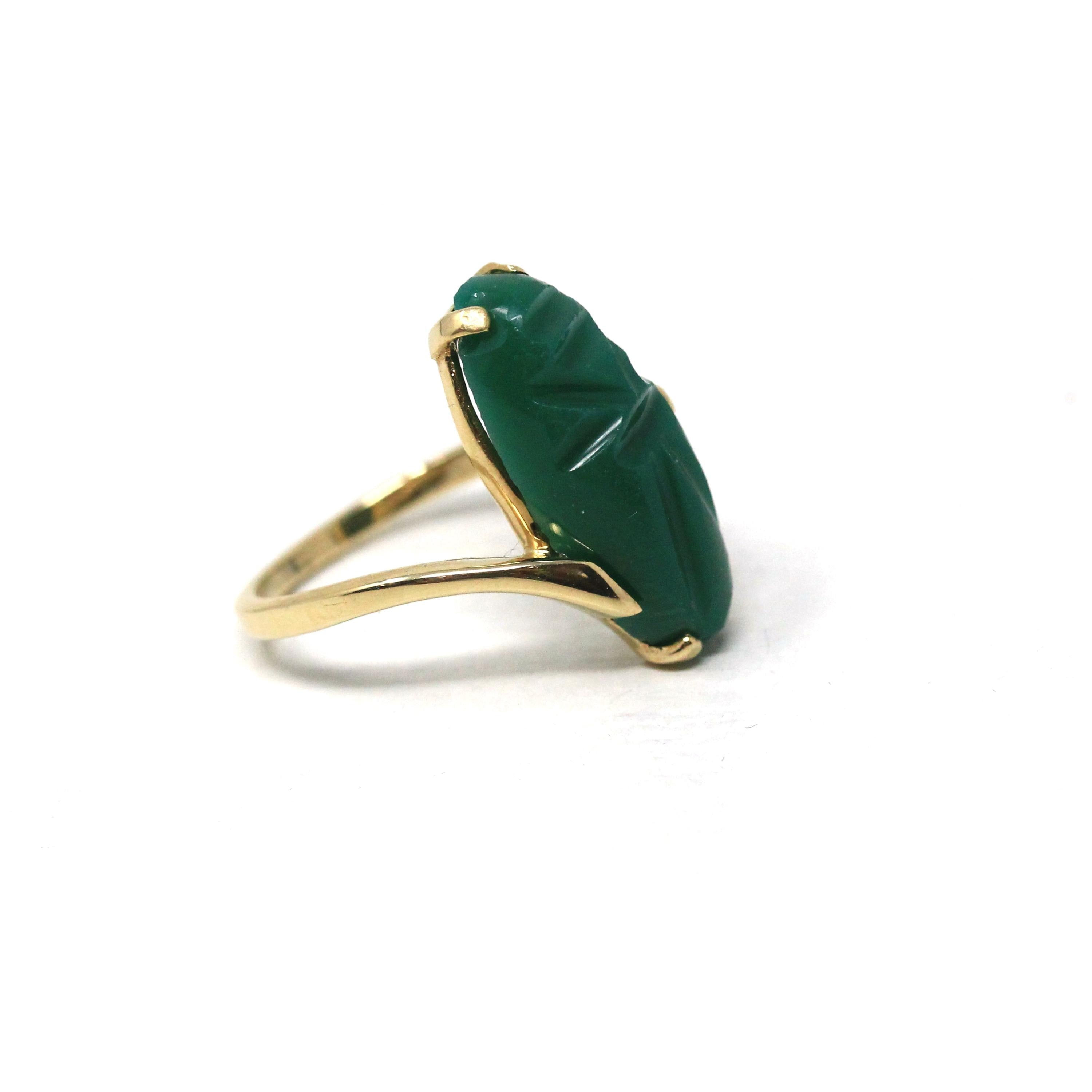 Vintage Scarab Ring - Retro 14k Yellow Gold Oval Carved Green Glass Stone - Circa 1960s Era Size 4 Egyptian Revival Style Fine 60s Jewelry