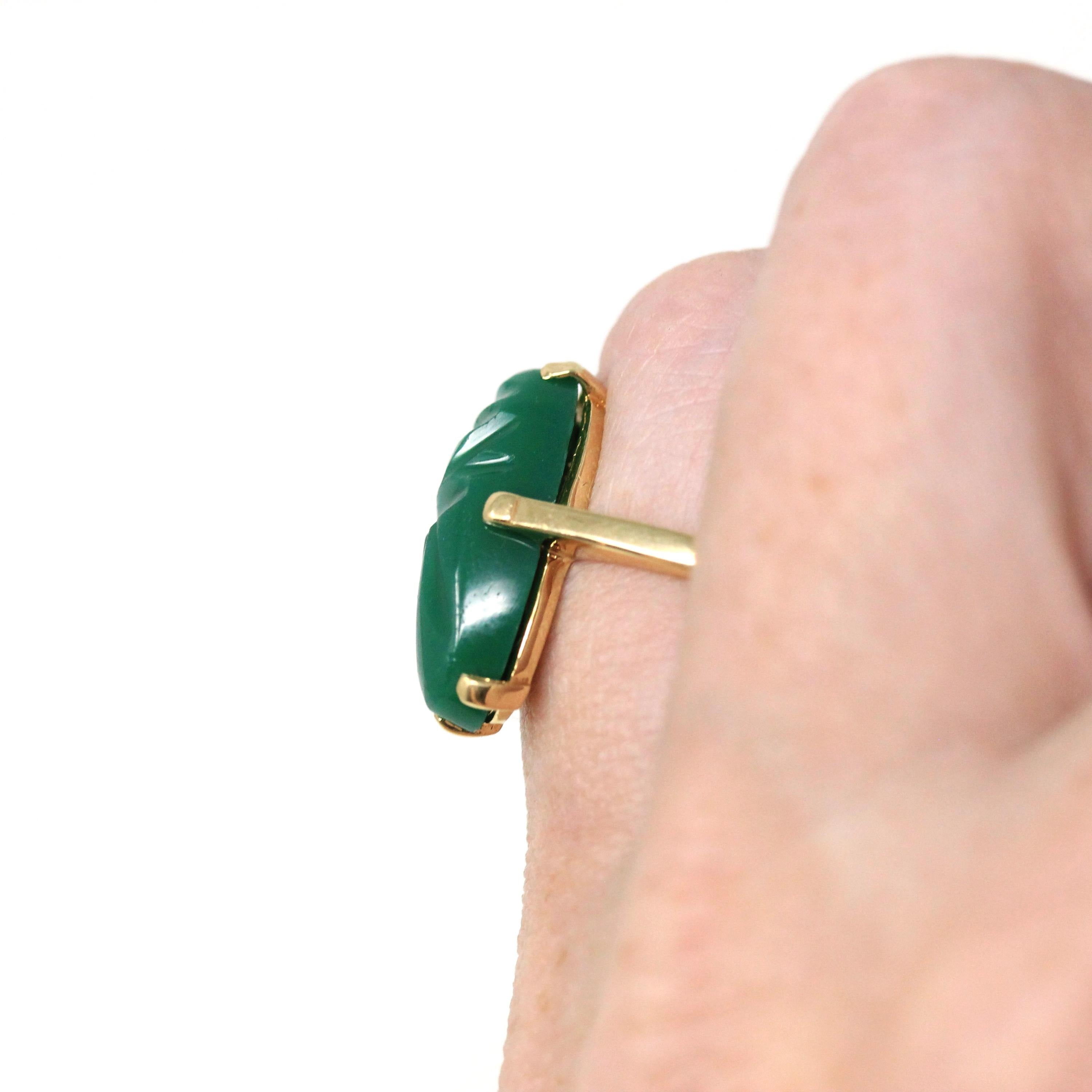 Vintage Scarab Ring - Retro 14k Yellow Gold Oval Carved Green Glass Stone - Circa 1960s Era Size 4 Egyptian Revival Style Fine 60s Jewelry