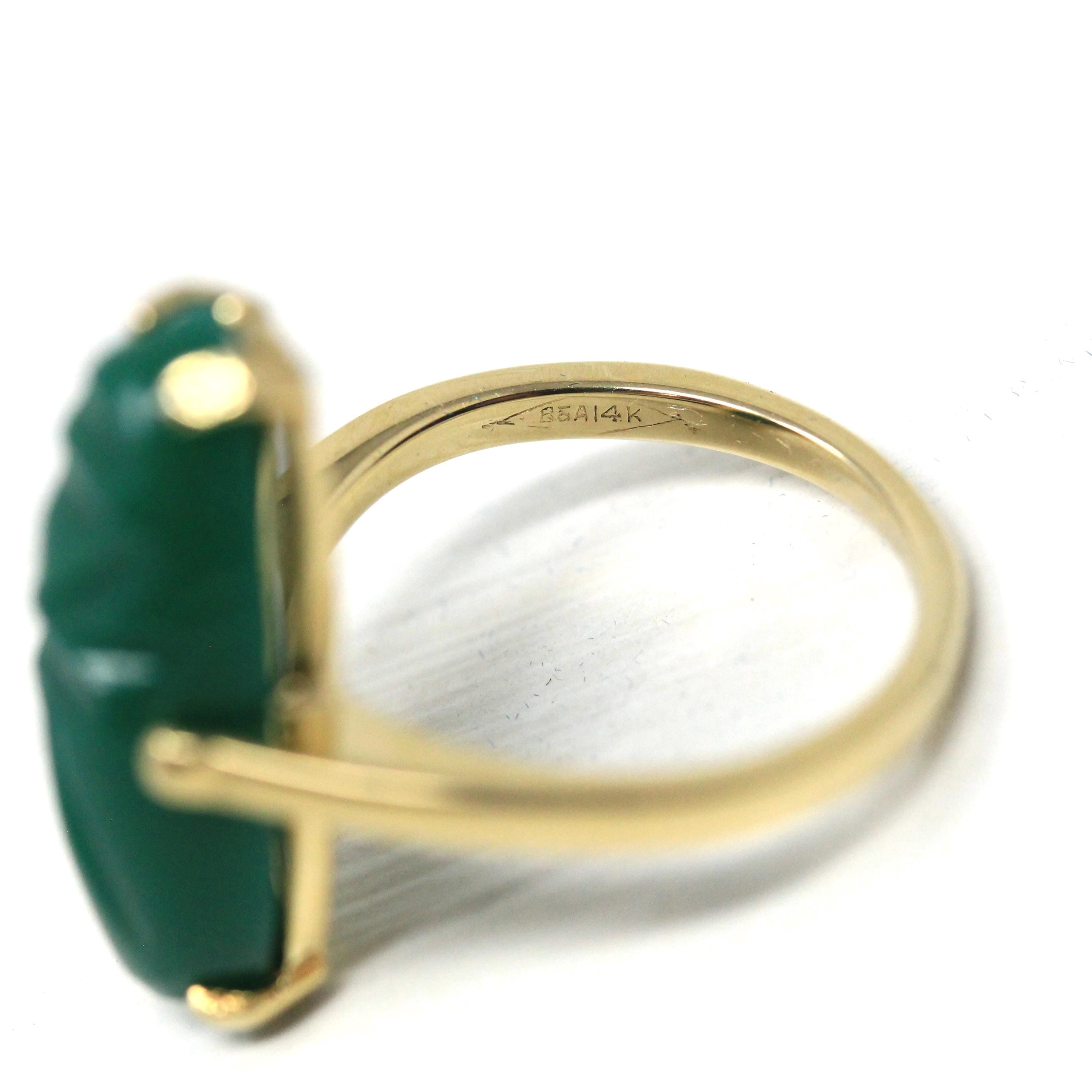 Vintage Scarab Ring - Retro 14k Yellow Gold Oval Carved Green Glass Stone - Circa 1960s Era Size 4 Egyptian Revival Style Fine 60s Jewelry